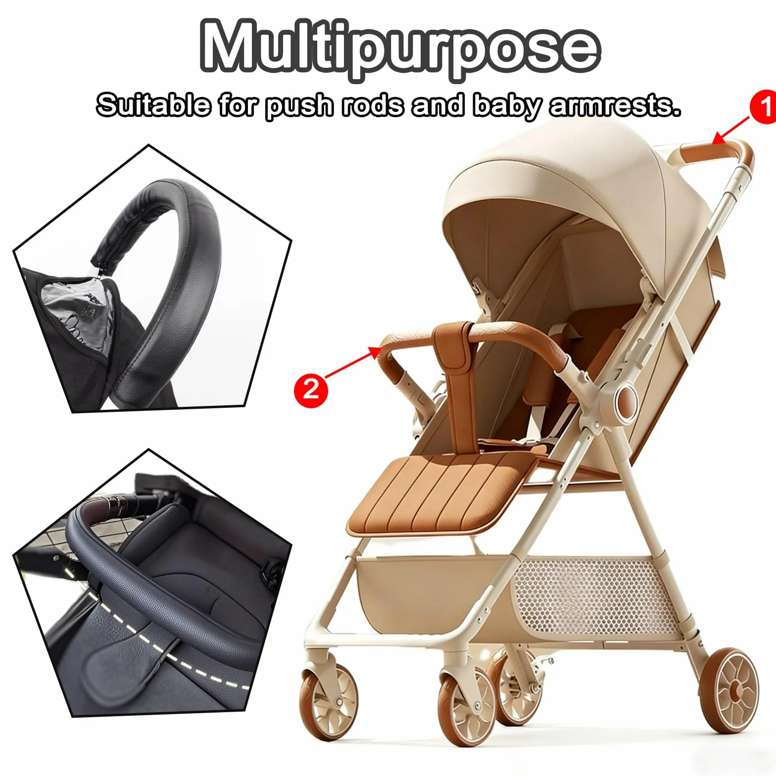 2PCS Copri Maniglia Passeggino Marrone, Copri Maniglie per Carrozzina in Pelle di Pu, Protezione Della Maniglia Per Carrozzina,Impermeabile,Impugnatura Antipolvere Copertura-Marrone+Nero