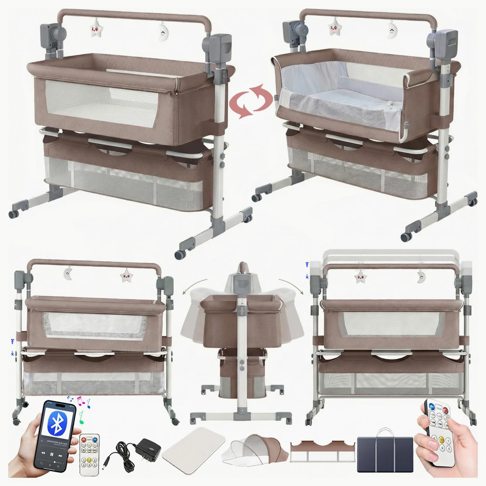 Nine point nine Elettrico Bluetooth Intelligente Culla Next to Me, Culla Neonato Fianco Letto, Convertibile Co-sleeping per Bambini Pieghevole con Musica 5 Ingranaggi Ondeggianti (601 Khaki)