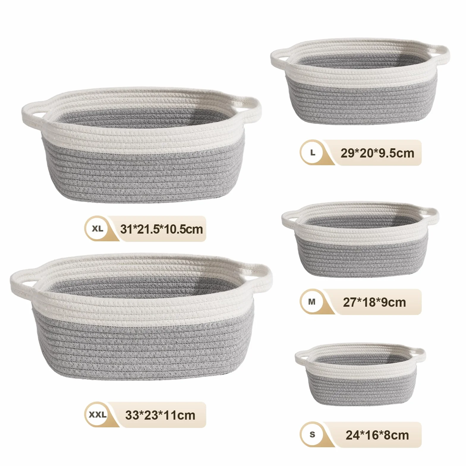 Cinnani Set di 5 Cestini Portaoggetti Intrecciato in Corda di Cotone, Impilabile Organizer Fasciatoio, Decorazione Cesto Portaoggetti per Bagno, Armadio, Camera da Letto, Soggiorno (Bianco/Grigio)
