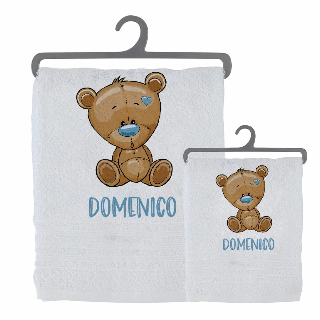 Set 2 Asciugamani Bagno Personalizzati 100% cotone Made in Italy Asciugamano Viso e Ospite Bianco Con Stampa Personalizzata Idea Regalo Bagno Doccia Biancheria Casa Bambino Bebè Orsetto Con Nome 3