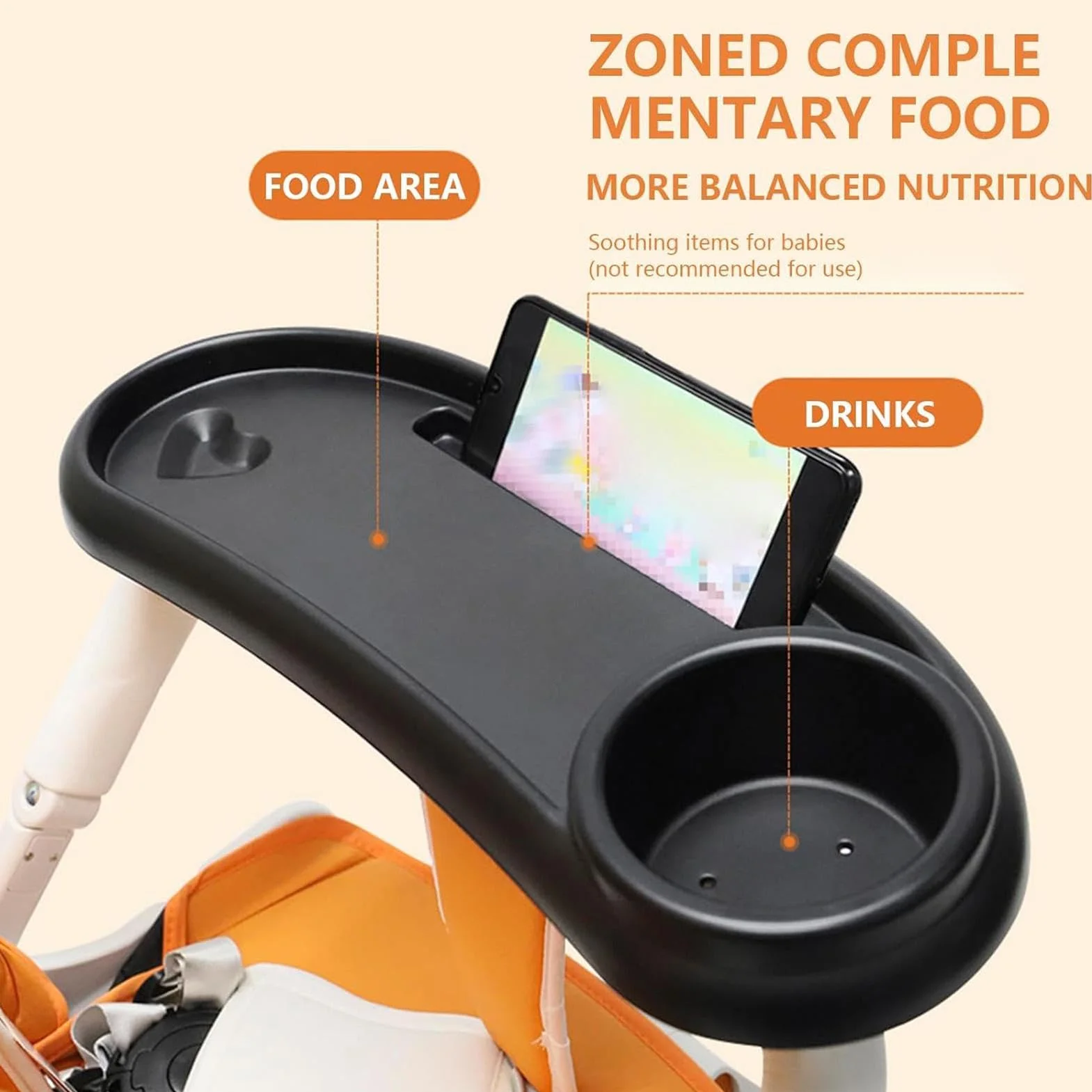 Vassoio per passeggino – vassoio per snack, supporto regolabile per telefono, stabile, funzione aggiornata, accessorio da viaggio, comodo organizer