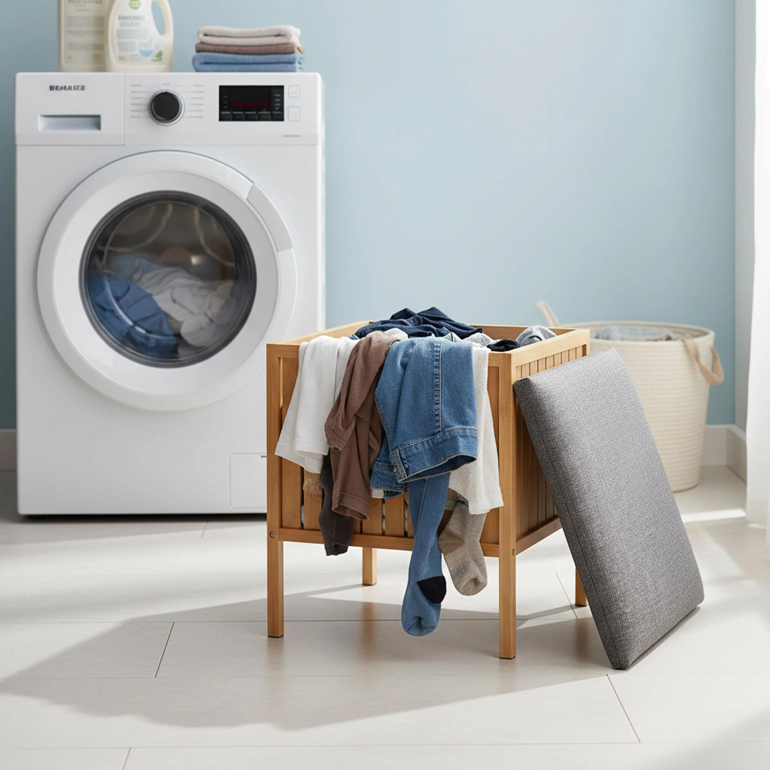 Relaxdays Cesto Biancheria in bambù con Coperchio Imbottito e Seduta, 52x39x39 cm, Naturale/Grigio