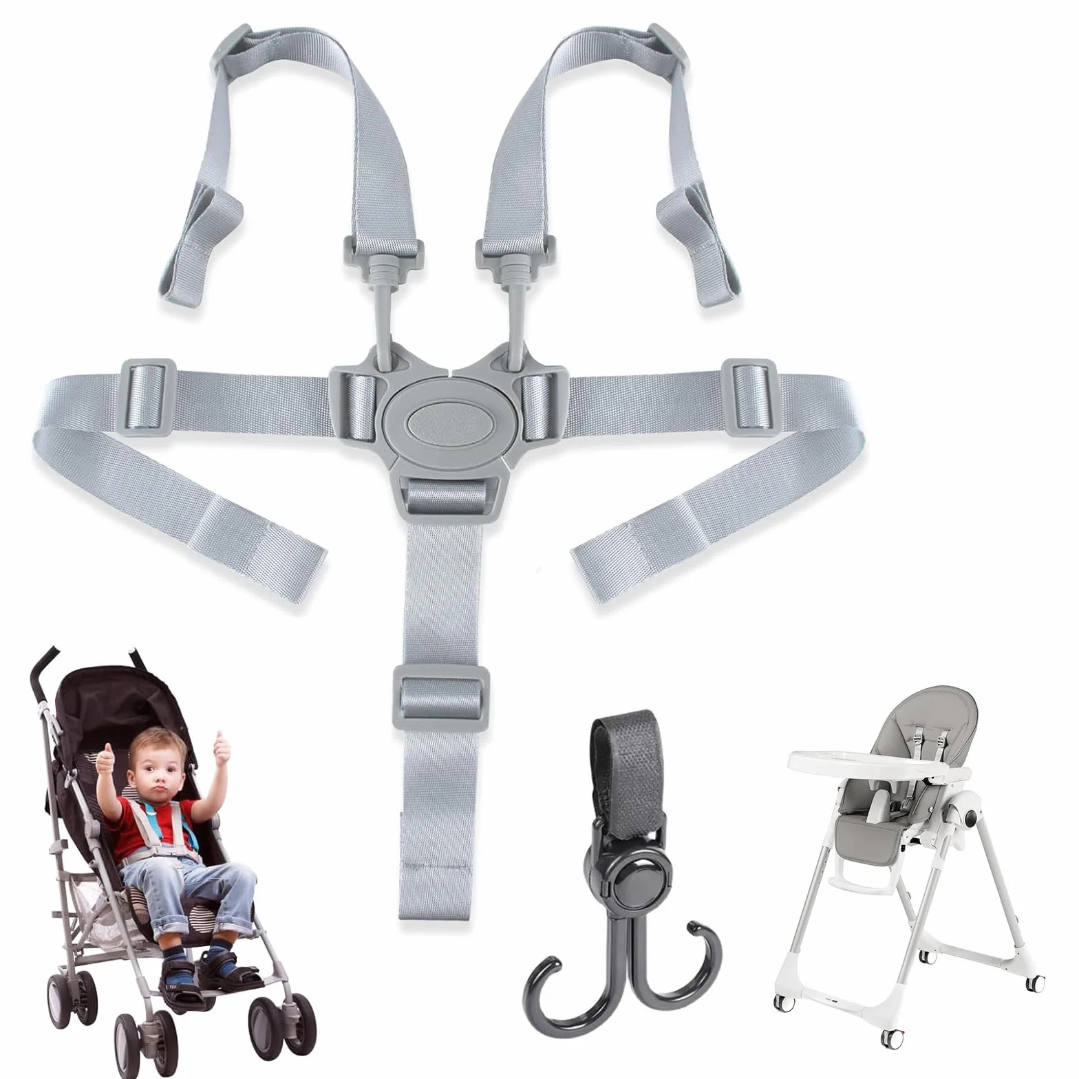 Imbracatura per Seggiolone,Cinture Universali per Seggiolone,Cinture Passeggino Universali,Cintura Sicurezza Passeggino, Cintura di Sicurezza a 5 Punti Regolabile per Passeggini, Sedie, Ganci(Grigio)