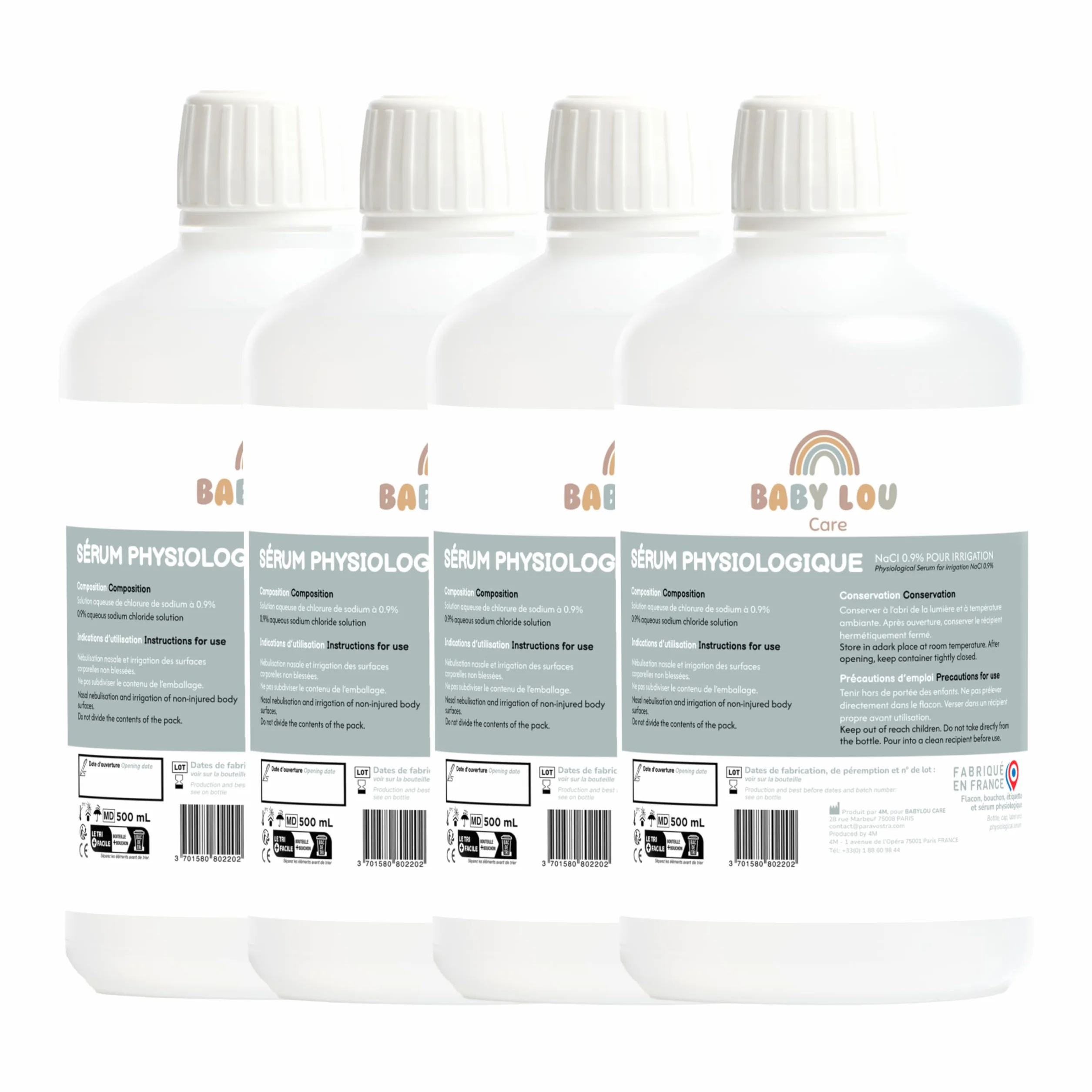 Siero fisiologico in bottiglia 4x500ml | NaCl 0,9% | Prodotto in Francia | Lavaggio delle fosse nasali | Igiene del naso | Per irrigazione esterna