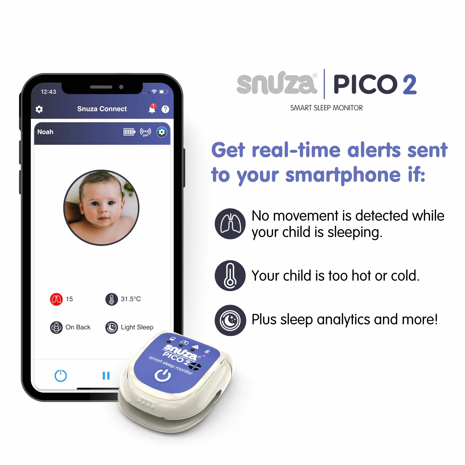 Baby monitor del sonno intelligente Snuza Pico 2 con app