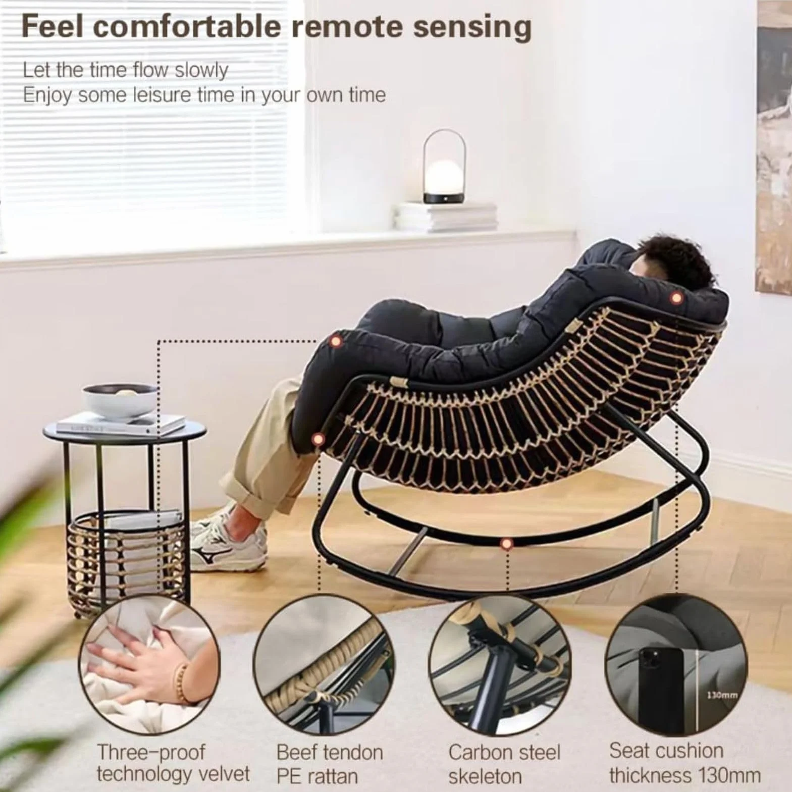 Sedia a dondolo da esterno Papasan con cuscino imbottito, oversize in rattan di vimini per interni, uovo in metallo, grandi supporti