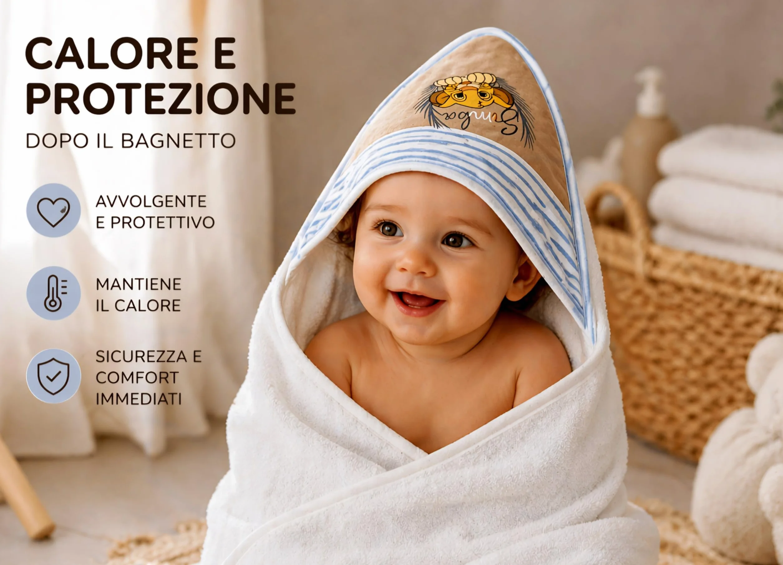 Ellepi Accappatoio Neonato Disney Baby Triangolo 75x75 cm – Idrospugna Innovativa Ultra Assorbente e Morbidissima – Telo Bagno Neonato con Cappuccio Simba e Milù (Simba)
