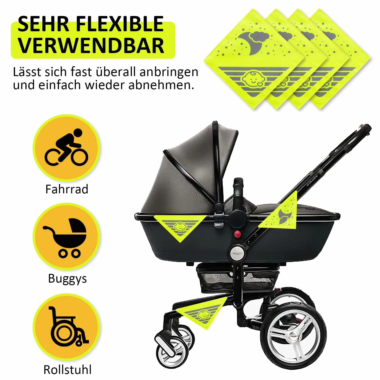 4 Catarifrangenti per Passeggino, Universali, Ideali per Passeggini, Biciclette, Rimorchi e Molto Altro, Simpatici Neonati e Nuvole, Luna, Stelle, Motivo Neon Giallo
