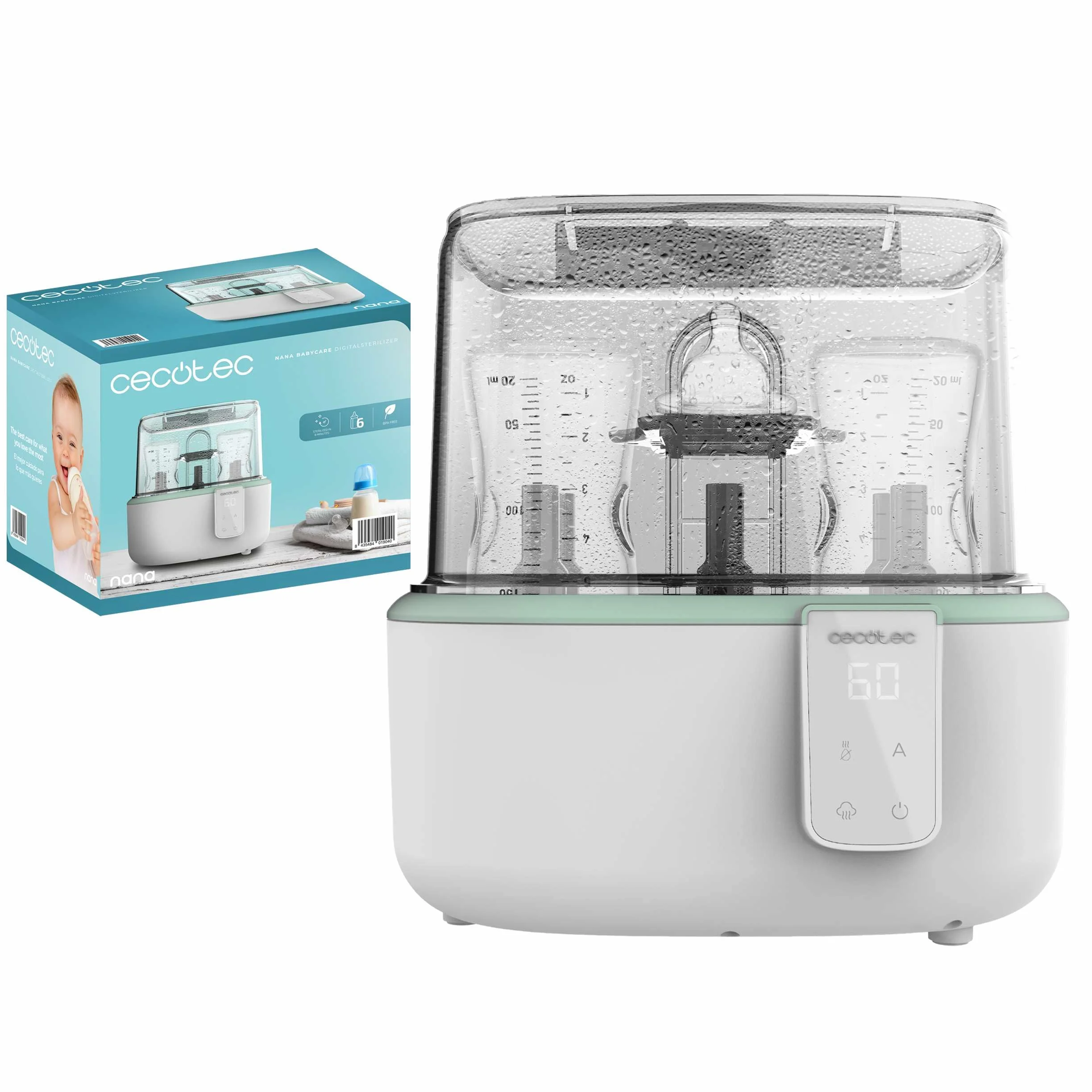 Cecotec Sterilizzatore Elettrico, Sterilizzatore Biberon Nana Babycare Digitalsterilizer. 6 Biberon, con Supporto per Tettarelle, 8min di Sterilizzazione, Senza BPA e sicuro per Acqua, Latte, Alimenti