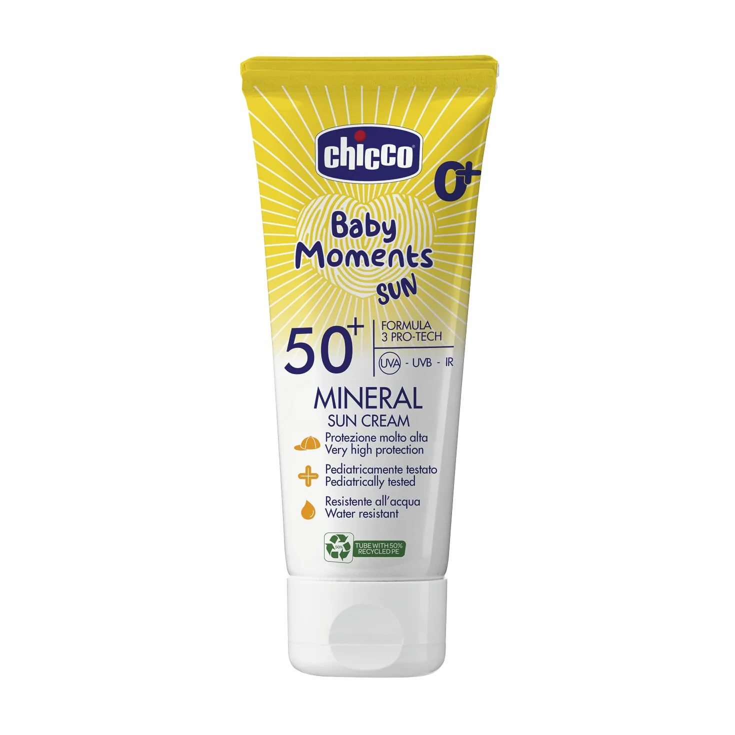 Chicco Crema Solare Minerale SPF 50 +, per Bambini, Resistente all'Acqua, Ottima Protezione Contro UVA, UVB e Infrarossi, 0 Mesi +, 75 ml