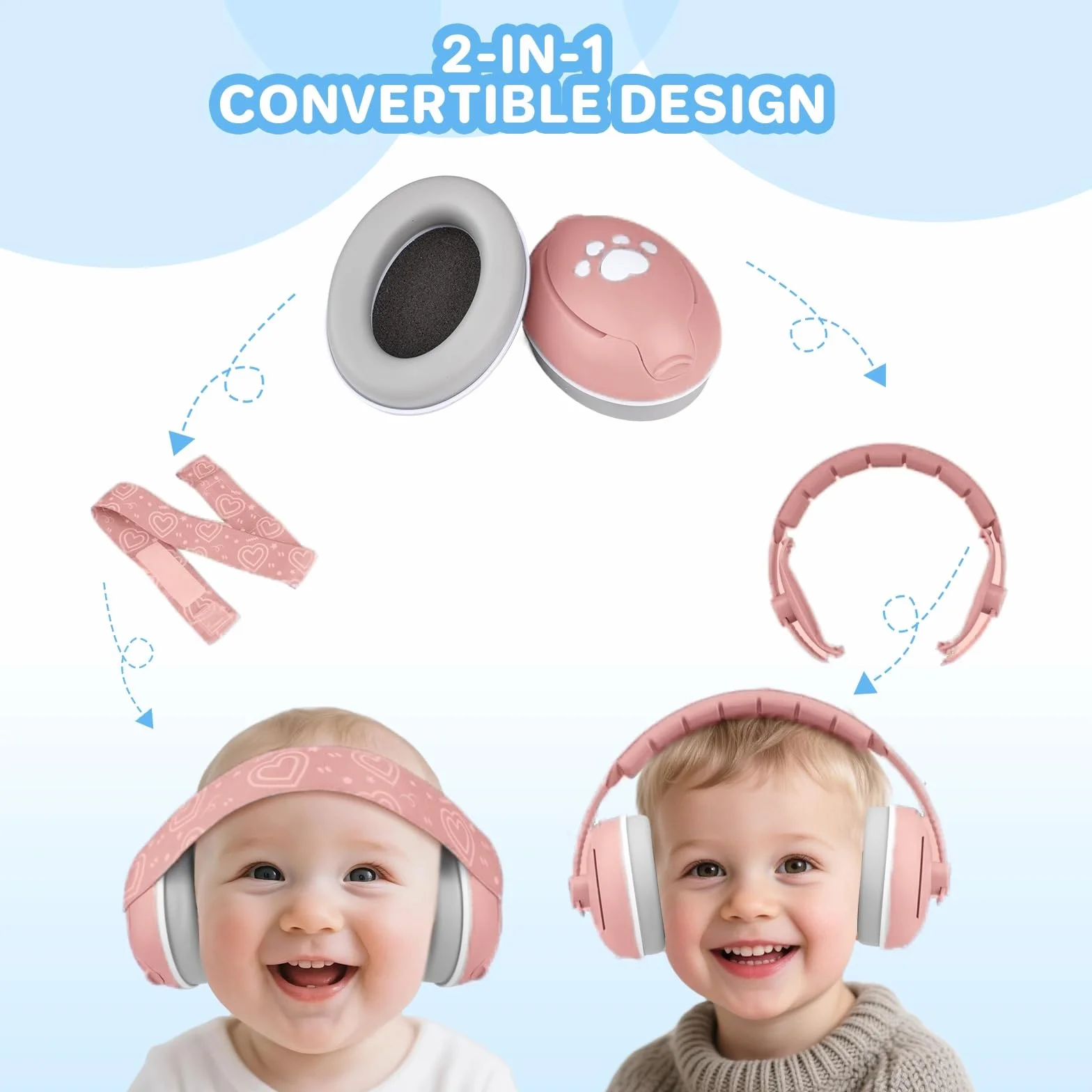Paraorecchie 2-1 per neonati e bambini fino a 48 mesi, paraorecchie con riduzione del rumore, comode cuffie per neonati per migliorare il sonno, essenziali da viaggio per bambini per aereo/sonno