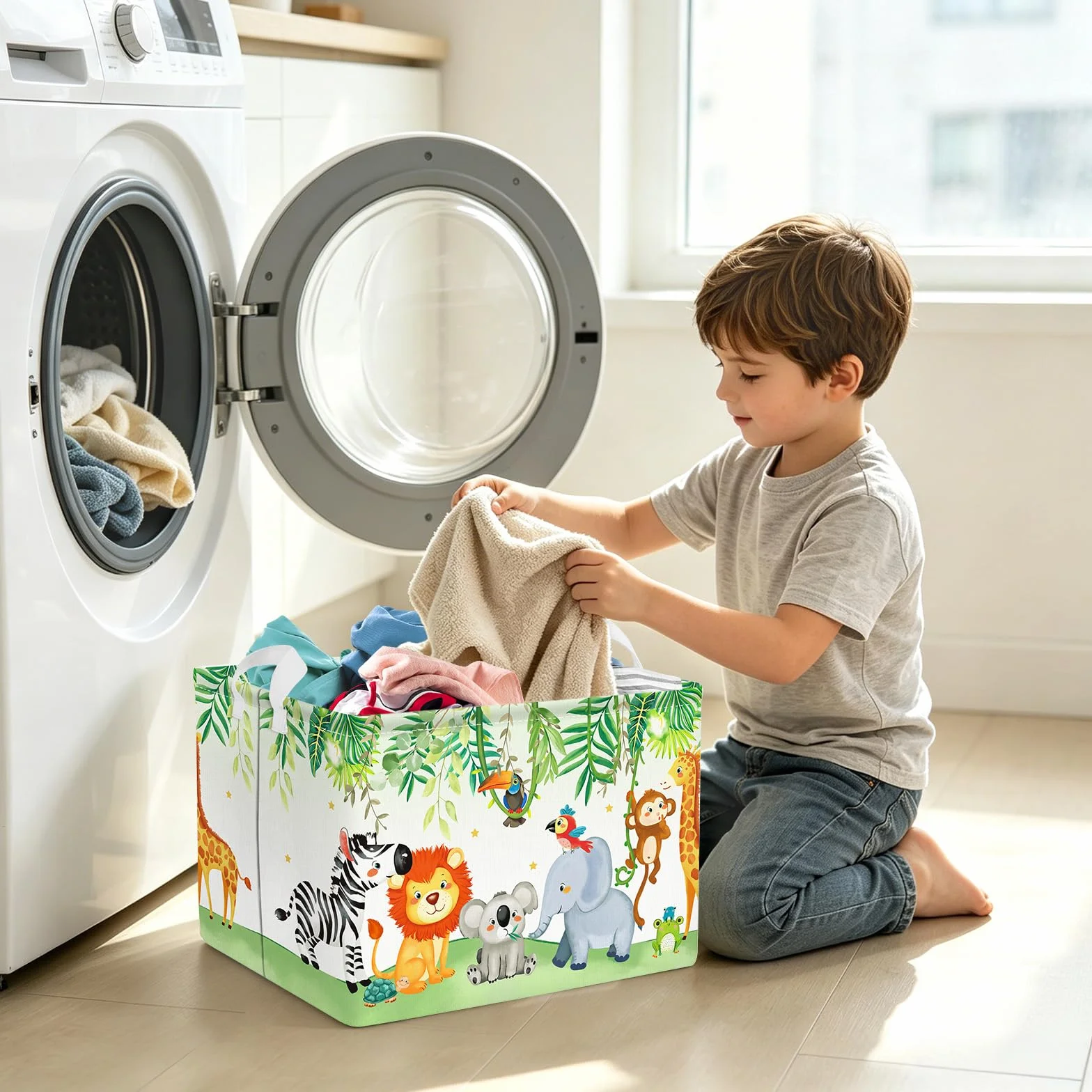Clastyle Cesto Portabiancheria Animali Foresta Cestino Portaoggetti Foglie Cesta Biancheria Genitori per Organizzare Giocattoli Vestiti, Leone Koala Elefante, 36x45 cm