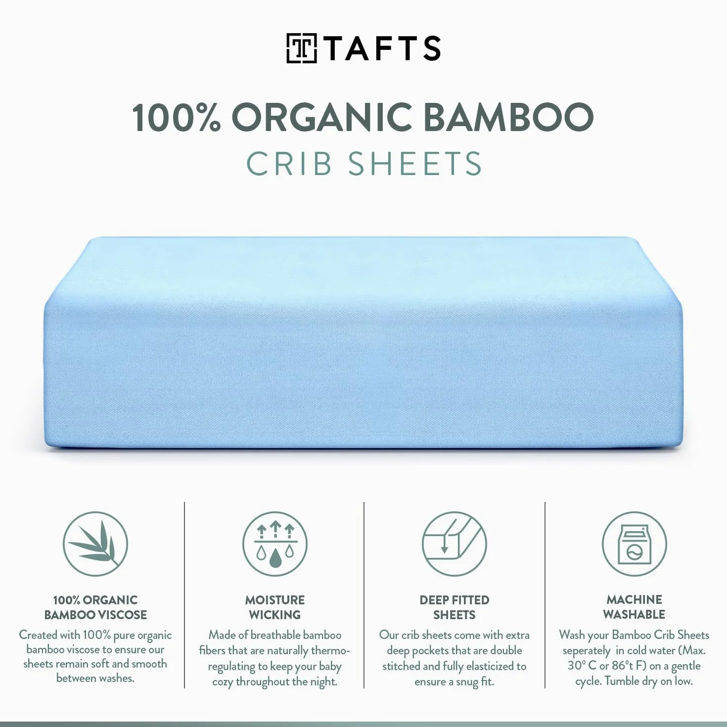 TAFTS Lenzuolo per culla in viscosa di bambù, per ragazze e ragazzi, in 100% viscosa di bambù biologica, per culla standard e materasso per bambini, rinfrescante, morbido, elastico 360 (confezione da