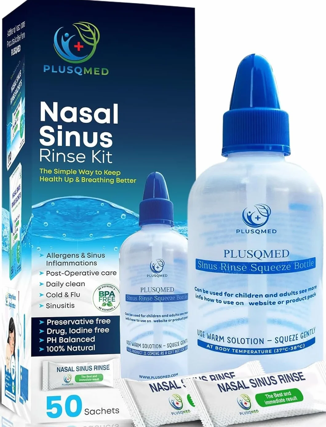 1 x Neti Lota 300 ml Irrigatore Adulti, bambini da 5 anni, + 20 bustine di sale, doccia nasale Lavaggi per adulti per la pulizia del naso, Irrigazione nasale (Squezze 250 ml + 50 sachet)