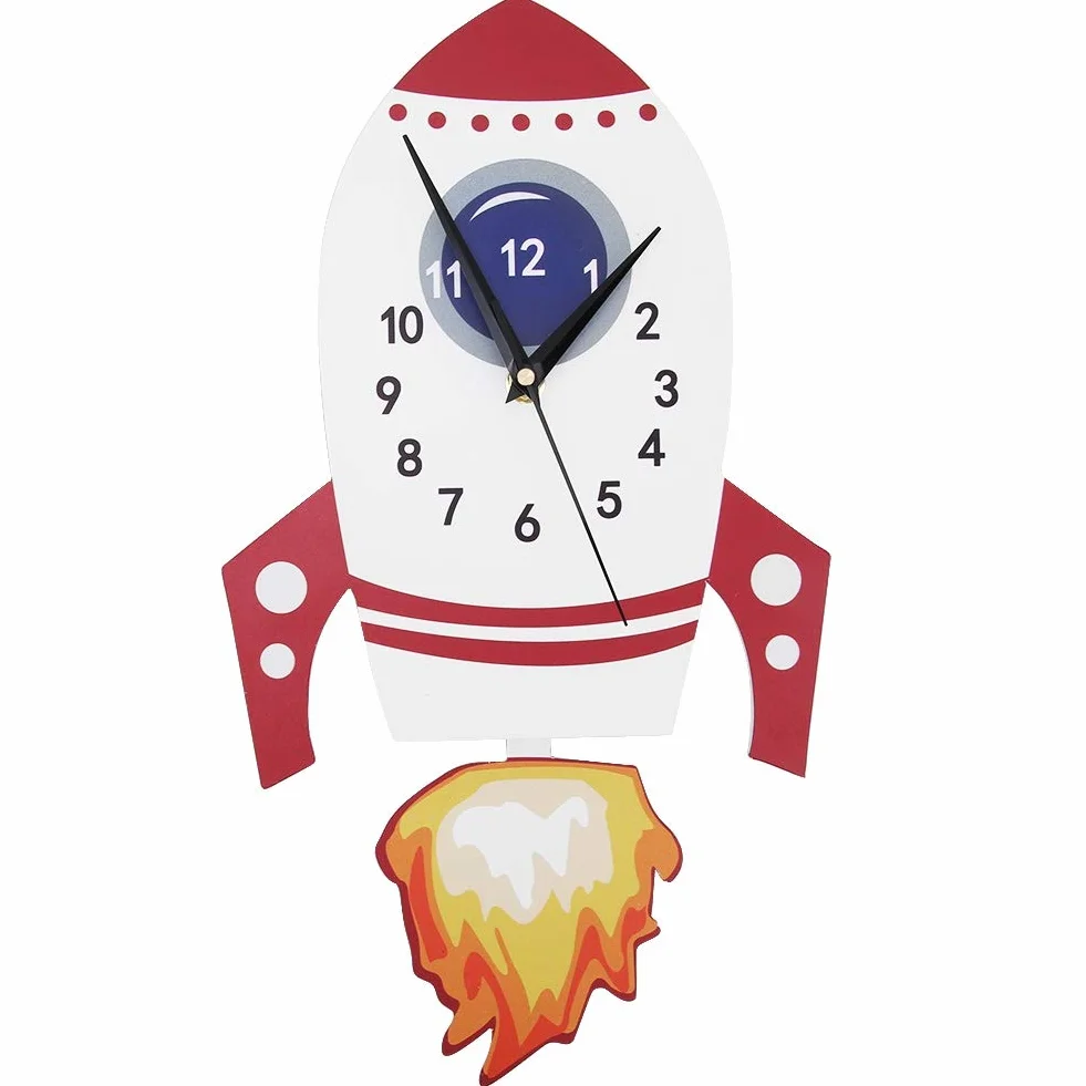 Orologio per decorazioni per la camera da letto per bambini, batteria a parete silenziosa per parete silenziosa a razzo cartone animato per bambini