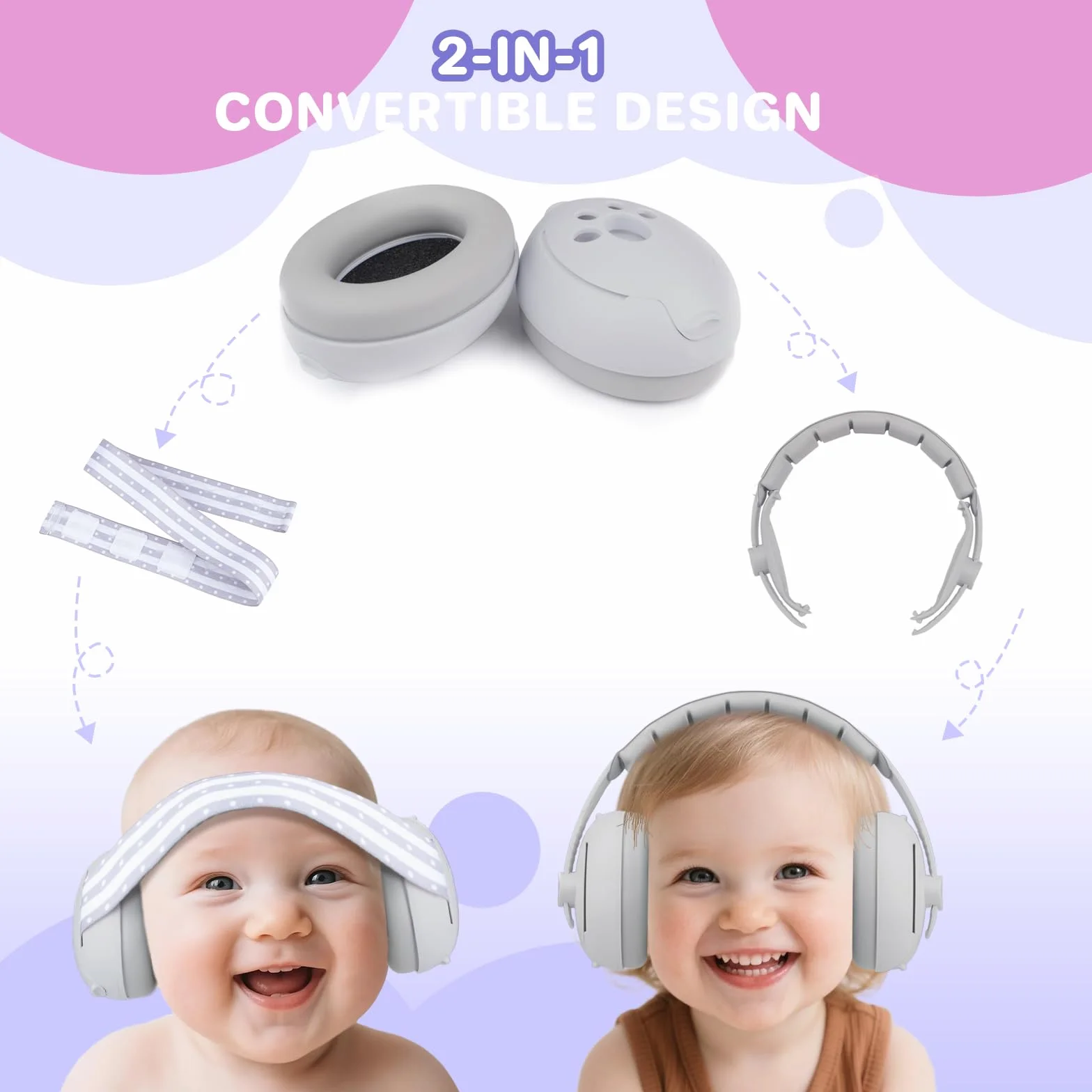 Paraorecchie 2 in 1 per neonati e bambini fino a 4 anni, cuffie regolabili con riduzione del rumore, comode cuffie per bambini a fuochi d'artificio, concerto, cinema