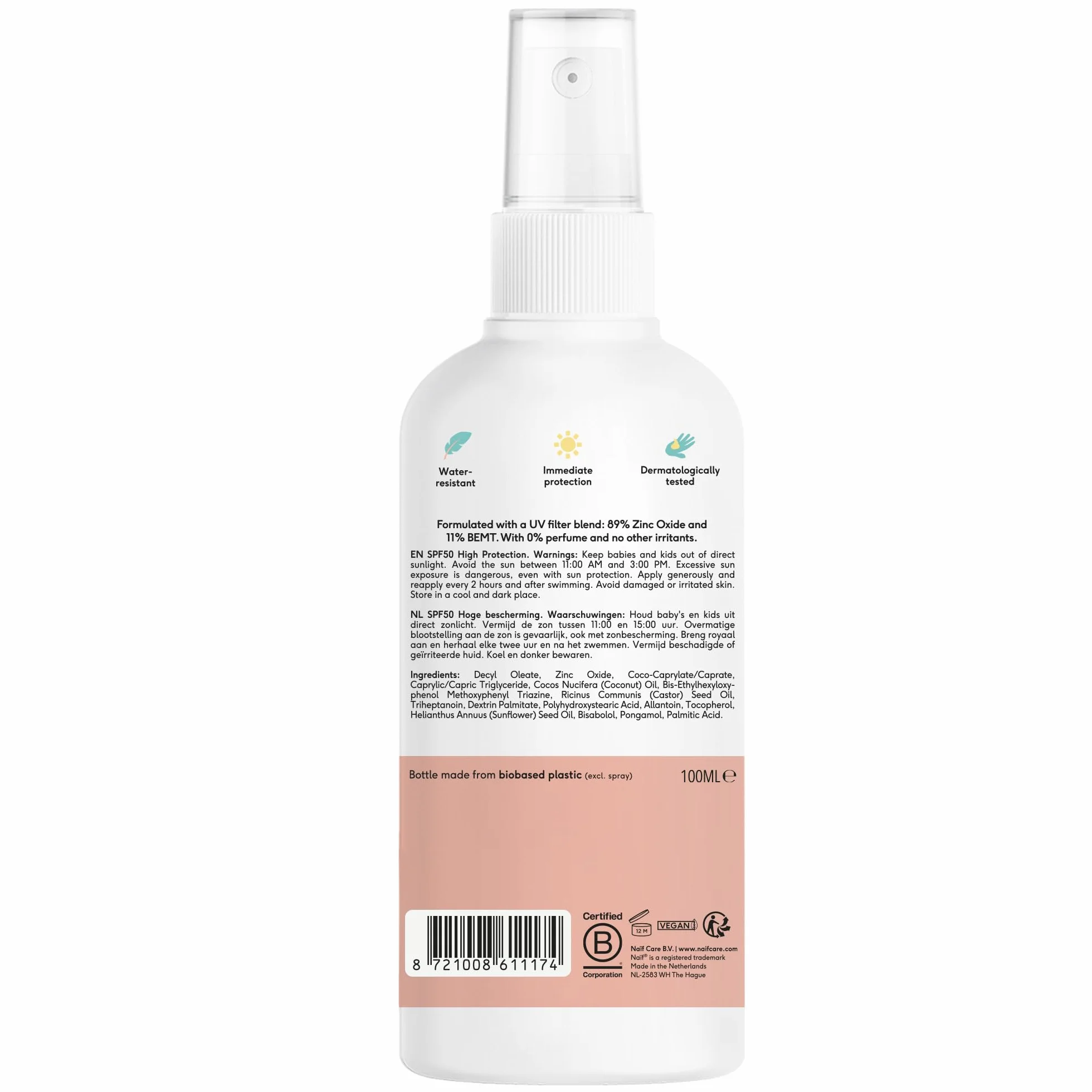 Naïf- Spray solare minerale- per neonati e bambini- 0% profumo- SPF 50- senza octocrilene- Protezione UVA e UVB- Resistente all'acqua- Dermatologicamente testato- Senza microplastiche- 100 ml