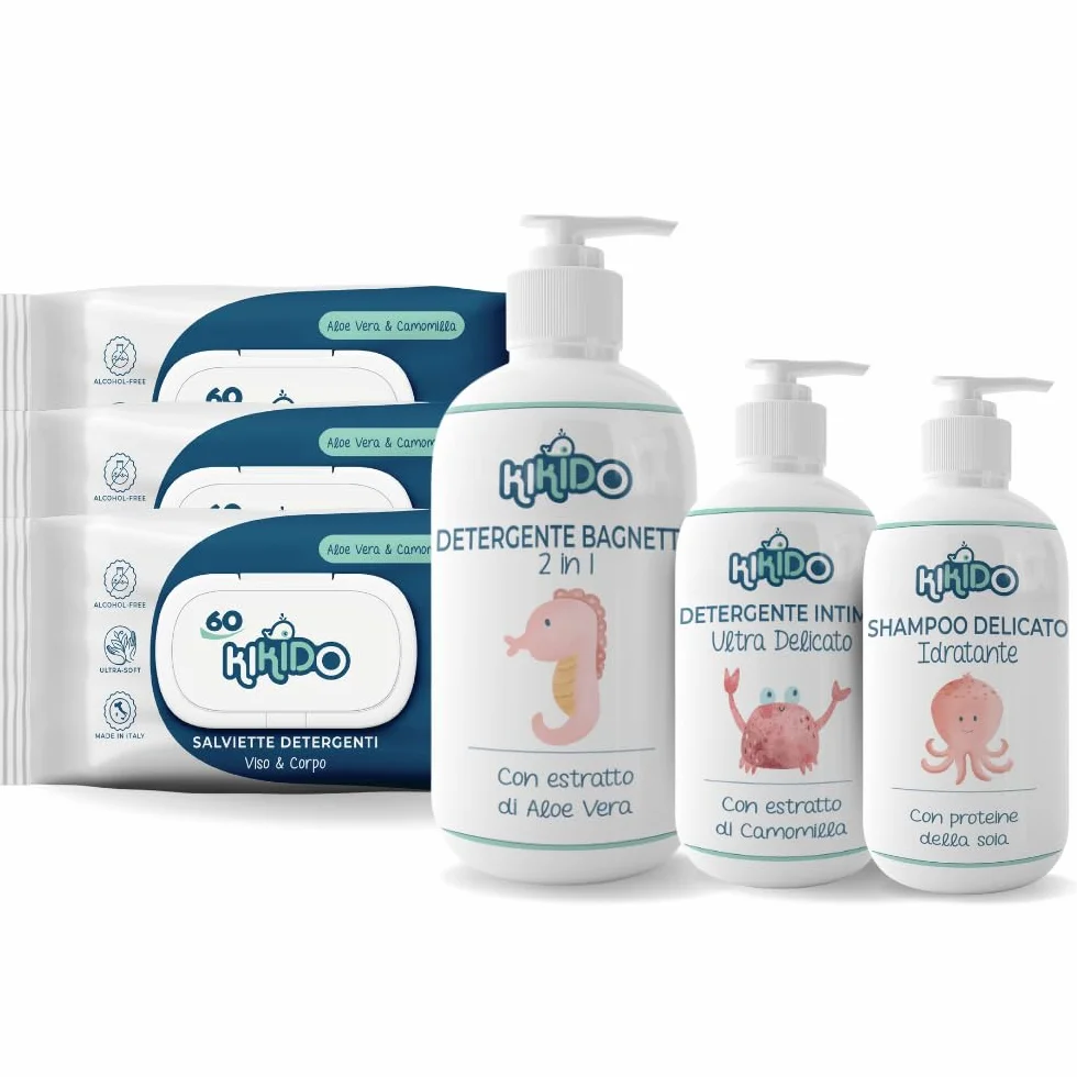 Kikido Cofanetto Nascita - Set Bagnetto Neonato con 3 Salviette, Shampoo, Detergente Intimo e Bagnoschiuma Bambini 2 in 1 - Kit Neonato Igiene Nascita per Pelli Sensibili - Regalo Lista Nascita