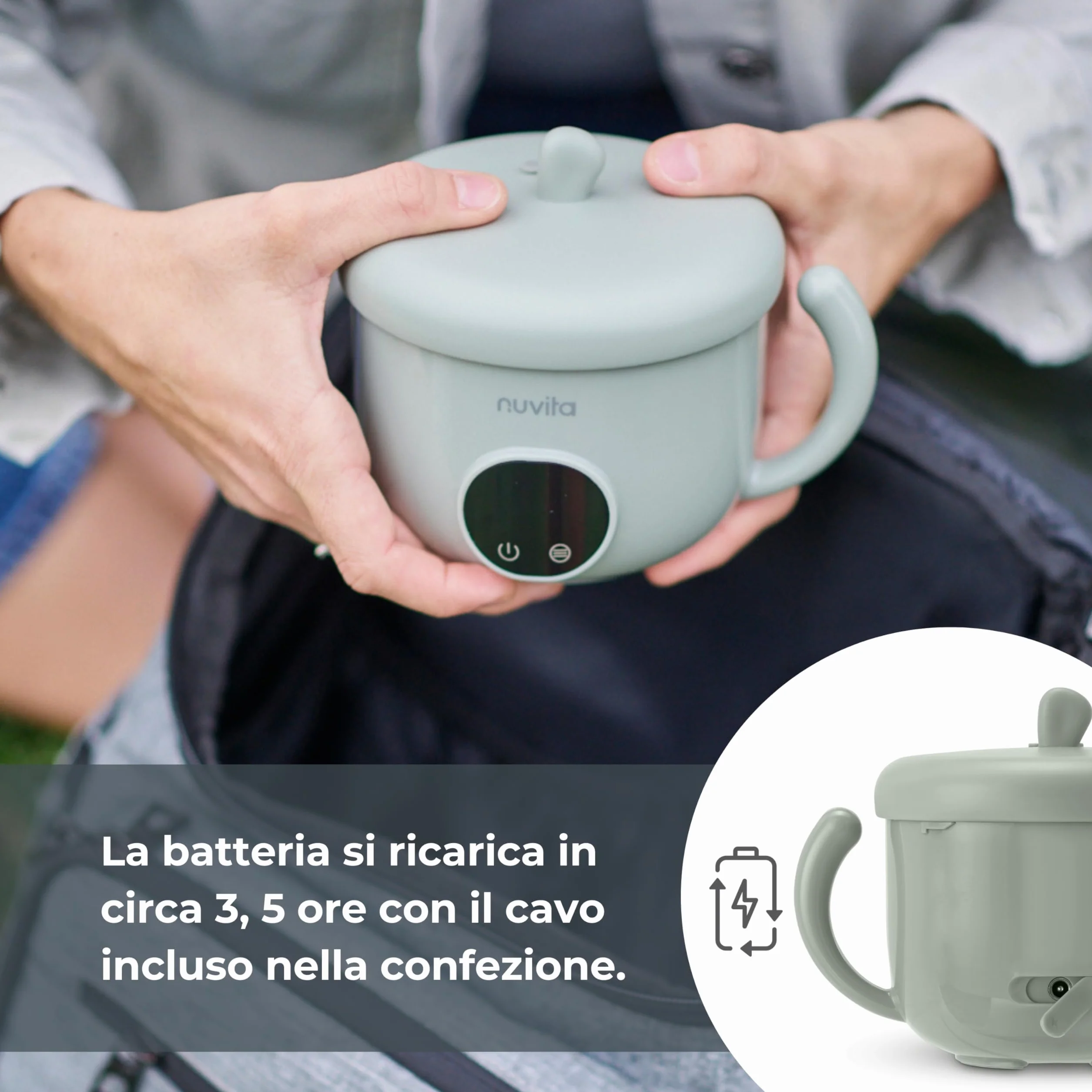 Nuvita 1980 Pappa'n'Go Scaldavivande Portatile per Bambini – Ricaricabile, Impermeabile, con Controllo Intelligente della Temperatura, Interno in Acciaio Inossidabile e Base Antiscivolo