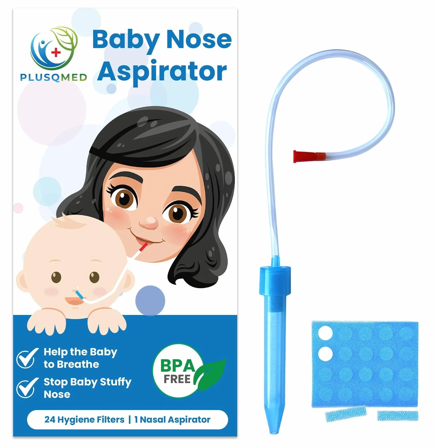 Aspiratore nasale per bambini, ventosa per muco con 24 filtri igienici, sicuro e facile da pulire per neonati, neonati, bambini, aspiratore nasale, aspiratore nasale, rimozione del muco, PLUSQMED