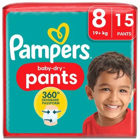 Pampers Baby-Dry Pants taglia 8, 15 pannolini, 19 kg + 15 pezzi