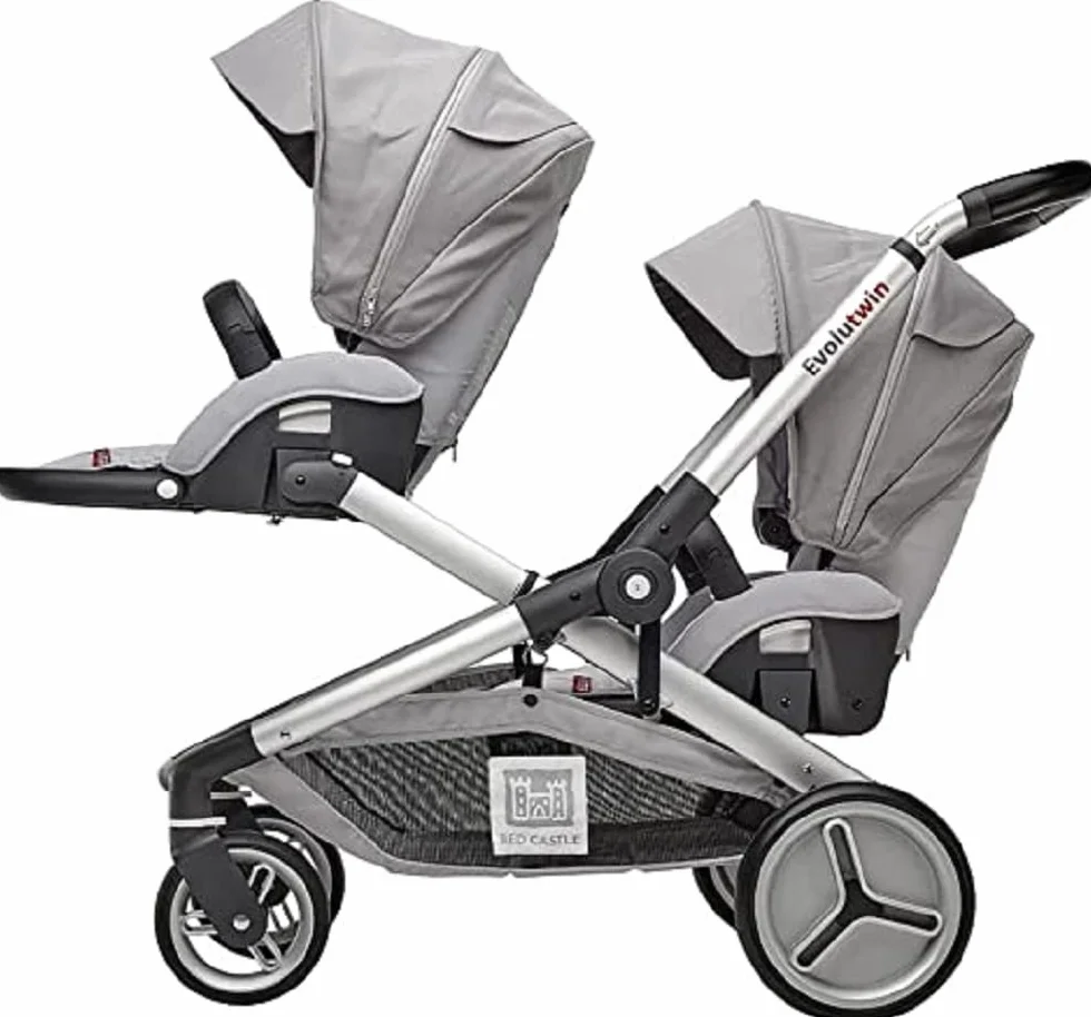 RED CASTLE, Passeggino Gemelli/Tandem/Doppio, Dalla Nascita, Sedili Reversibili/Schienale 3 Posizioni, Grande Cesto Portaoggetti, Sedia Regolabile, Modulare, Evolutwin, Grigio