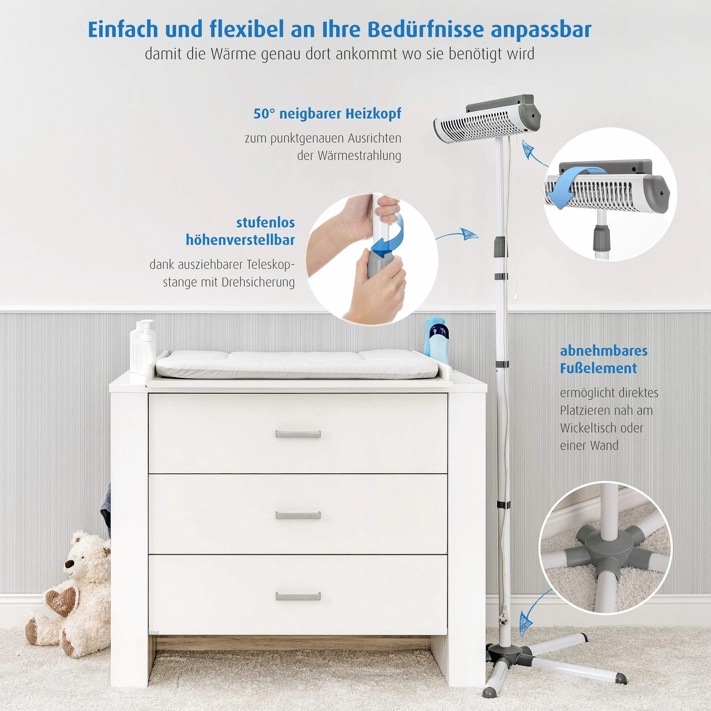 Reer EasyHeat Flex fasciatoio riscaldatore radiante con supporto lampada riscaldante per bambini design compatto 1 pezzo (1 confezione) bianco, 230V/500W