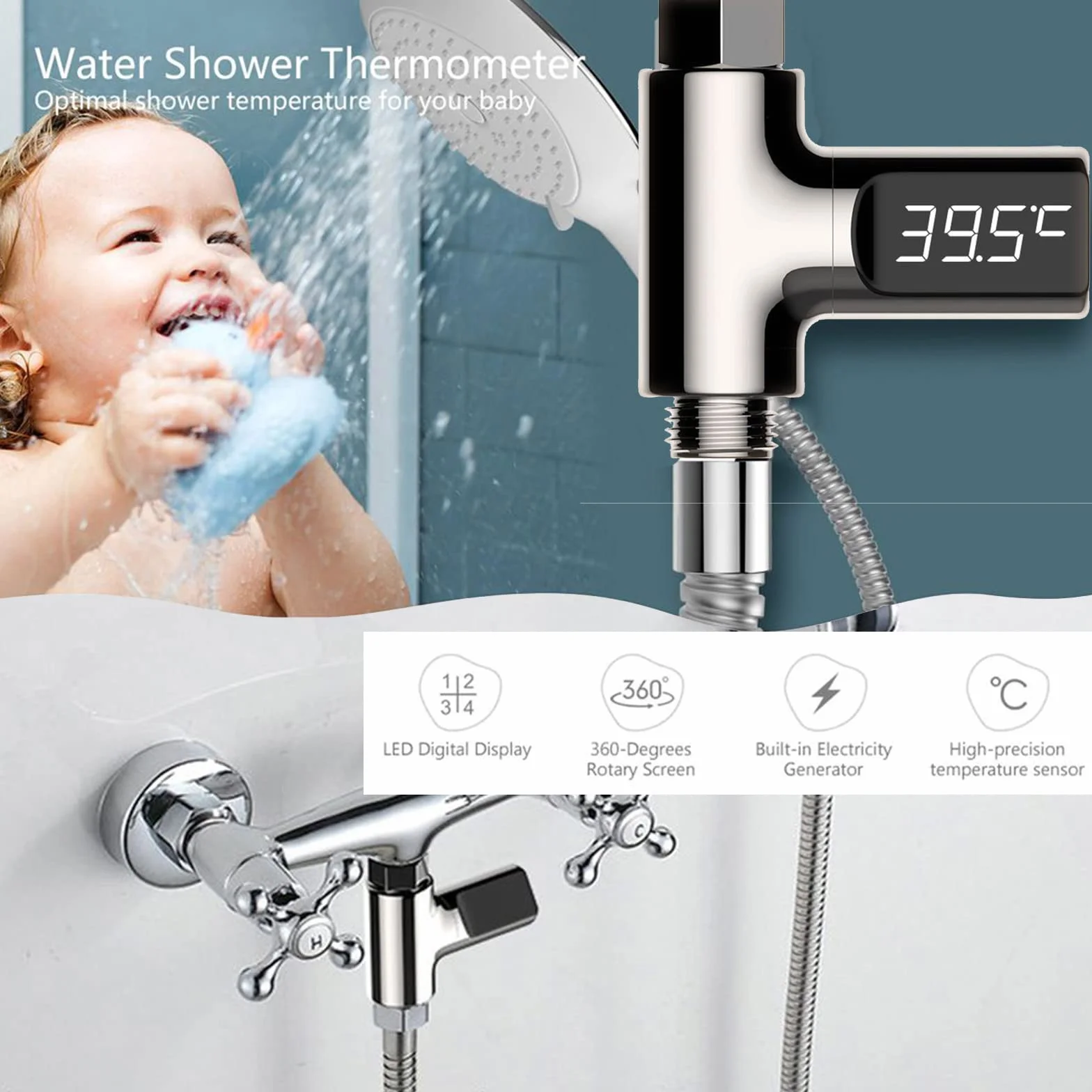 Chesoon Termometro da doccia a lettura istantanea con display digitale a LED 5-85℃ Luce alimentata ad acqua per bagnetto schermo rotante a 360° per casa bagno cucina