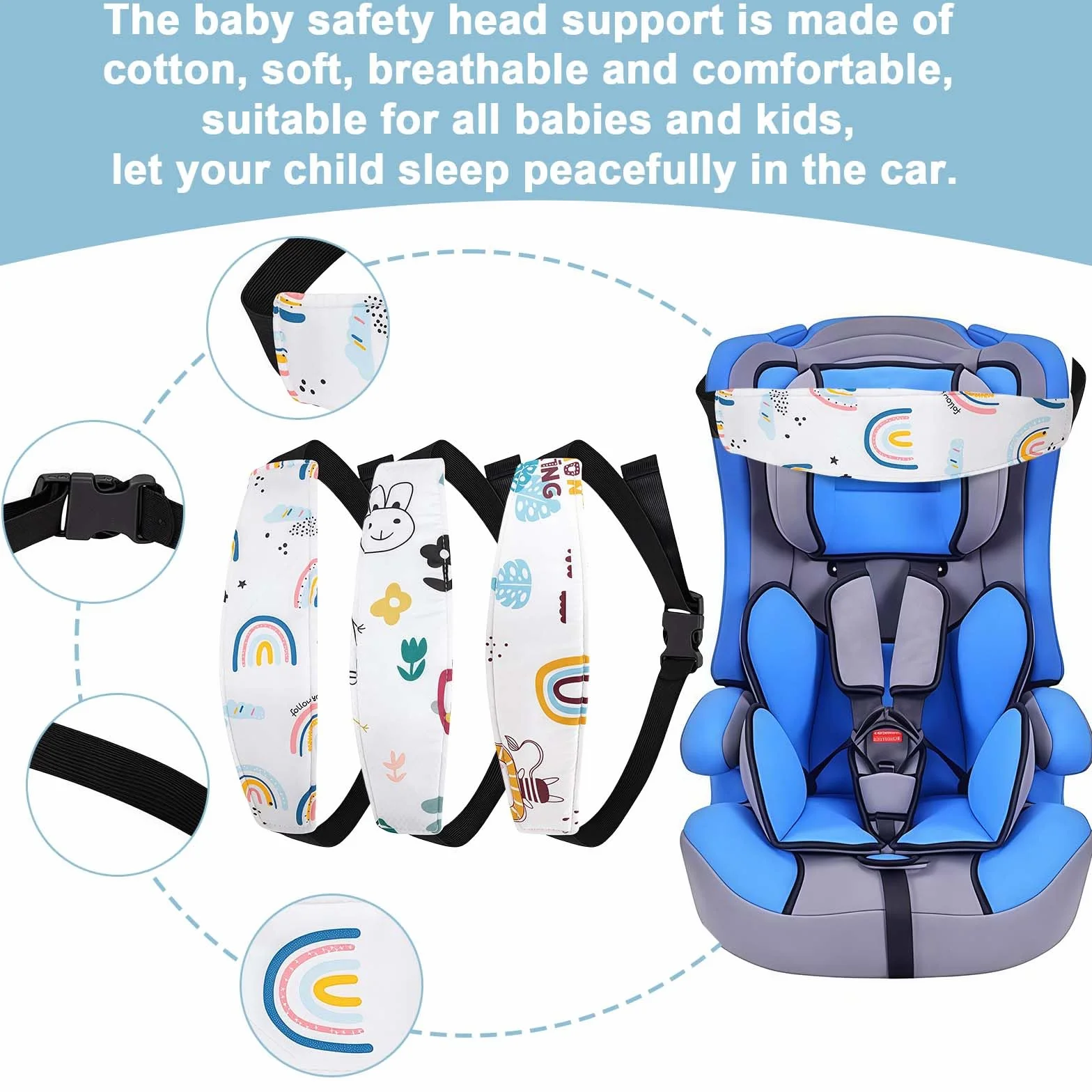 3 Poggiatesta per auto per bambini in cotone, accessori per seggiolino per bambini, fascia per la testa, regolabile, supporto per la testa per auto e passeggino