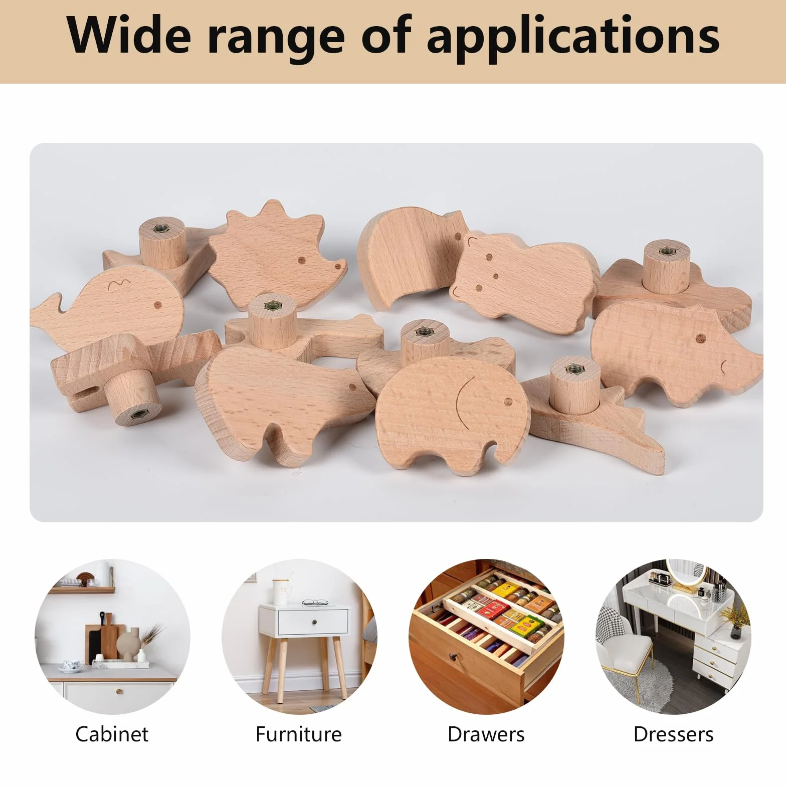 12 maniglie per cassetti in legno, a forma di animale, per bambini, per cameretta dei bambini, con bottoni in legno, con viti