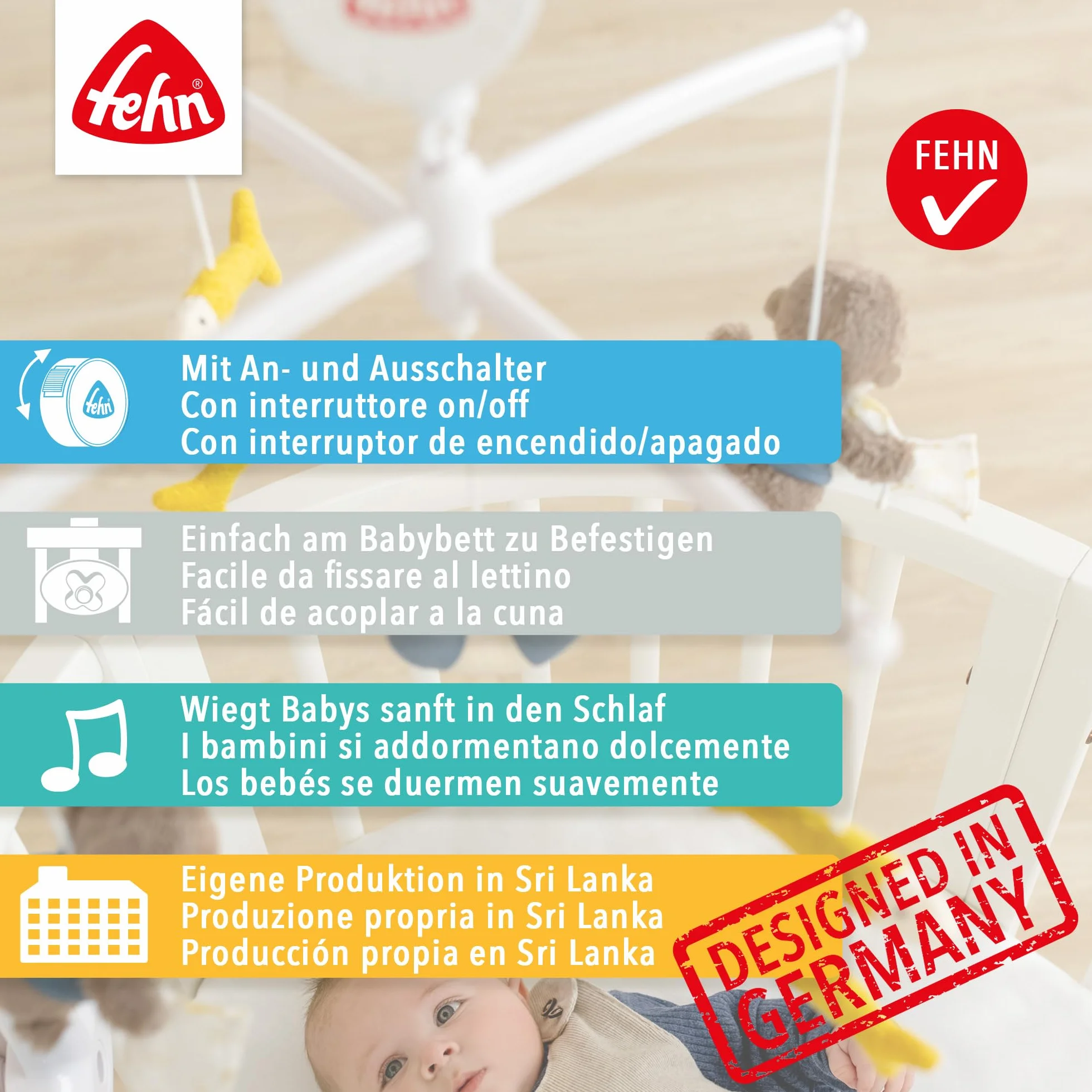 Fehn giostrina musicale Little Castle - mobile da appendere con melodia musicale ninna nanna di Mozart e personaggi per calmare e intrattenere - Con fissaggio al letto per bambini da 0 a 5 mesi