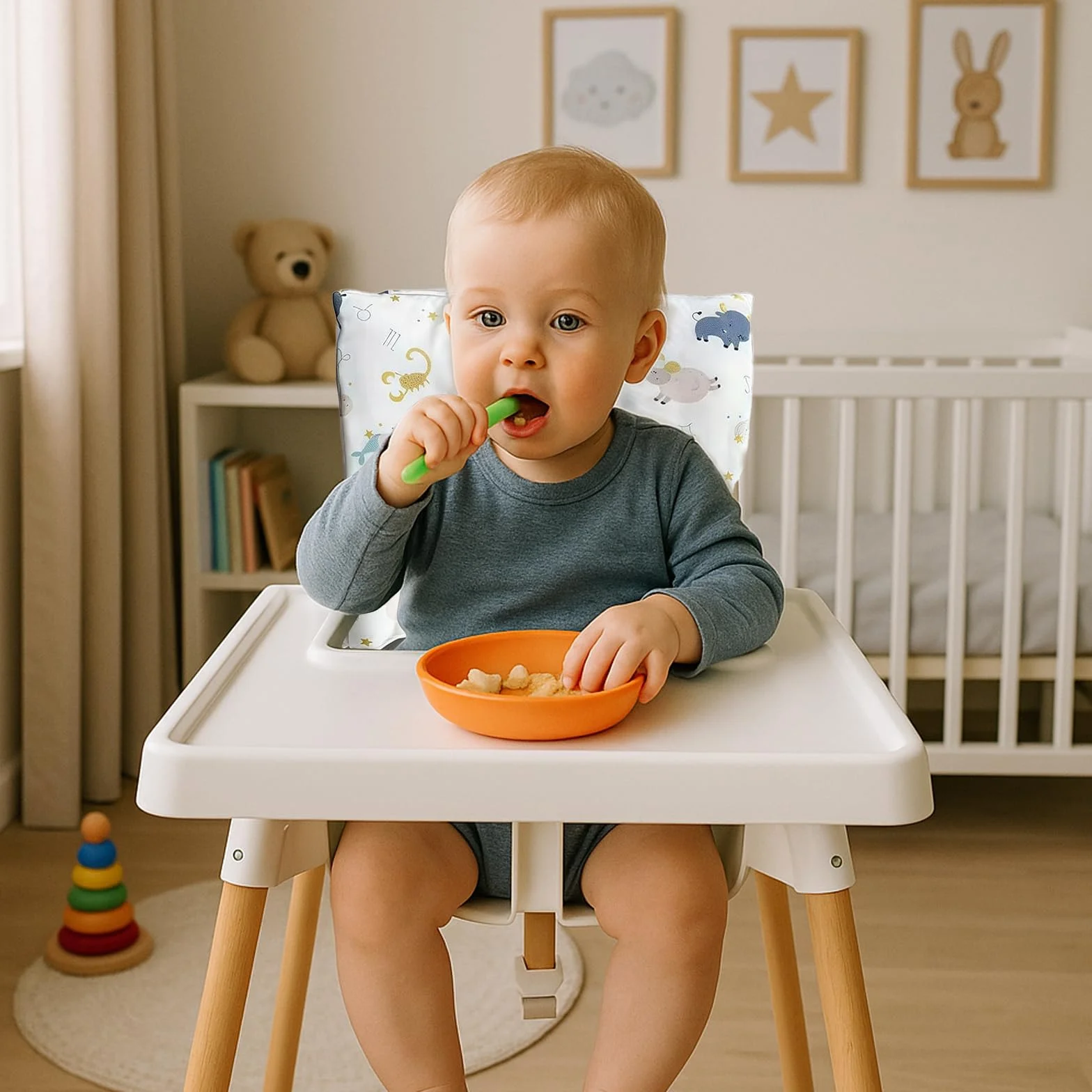 Cuscino per seggiolone Stokke Tripp Trapp, set da 2 pezzi in cotone biologico con rivestimento laminato impermeabile, facile da pulire e rimovibile, lavabile in lavatrice (animali marini)