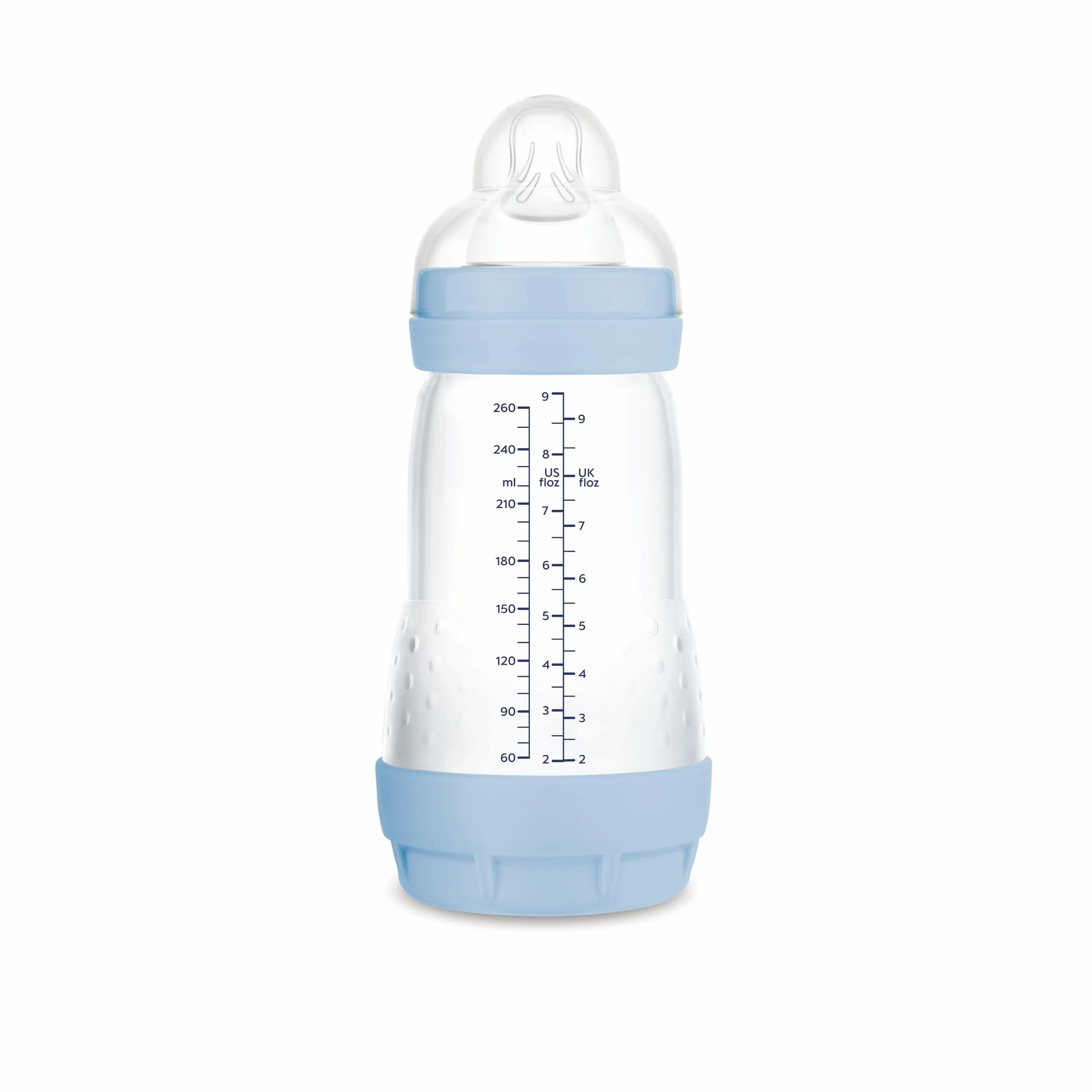 MAM Biberon Easy Start 260 ml, Biberon anticolica per allattamento misto, Riduce le bolle d'aria e il rischio di coliche, Accessori neonati 2+ mesi autosterilizzanti e con tettarella misura 2, Azzurro