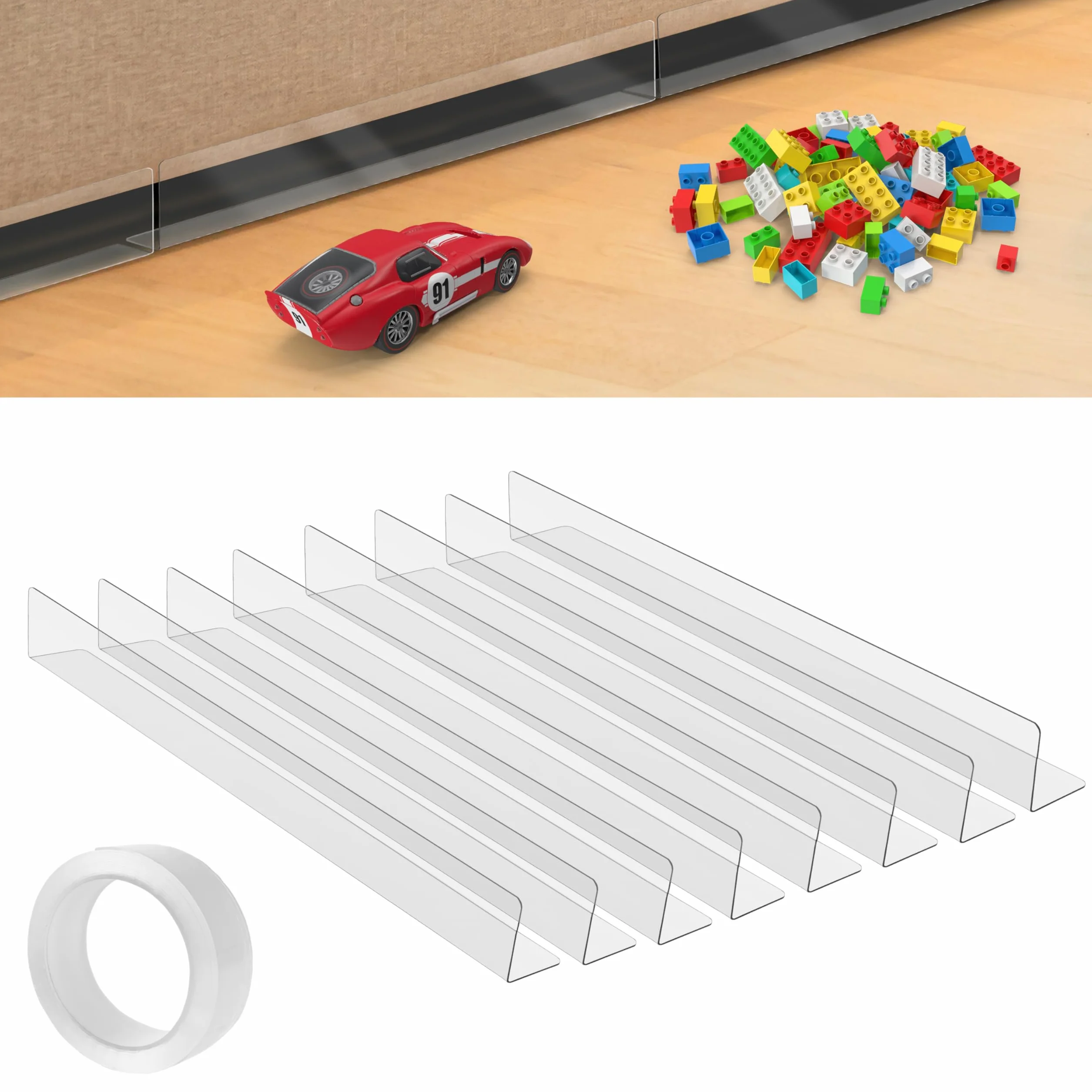 Paracolpi Barriera Letto per Giocattoli [Confezione da 8] - Blocca sotto Divano Trasparenti Adesivi Anche per Letto, Divano, Armadio, Comò, Cucina - Barriera Divano Anti Polvere e Animali