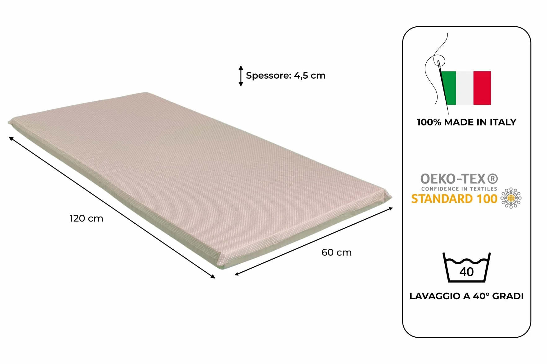 GHIOCUSCINI | Materasso Pieghevole per Culla CAMPEGGIO, Materasso Bambino 100% Cotone, Fantasia POIS NOCCIOLA, Sfoderabile e Lavabile, 60 x 120 cm, Alto 4.5 cm, Made in Italy