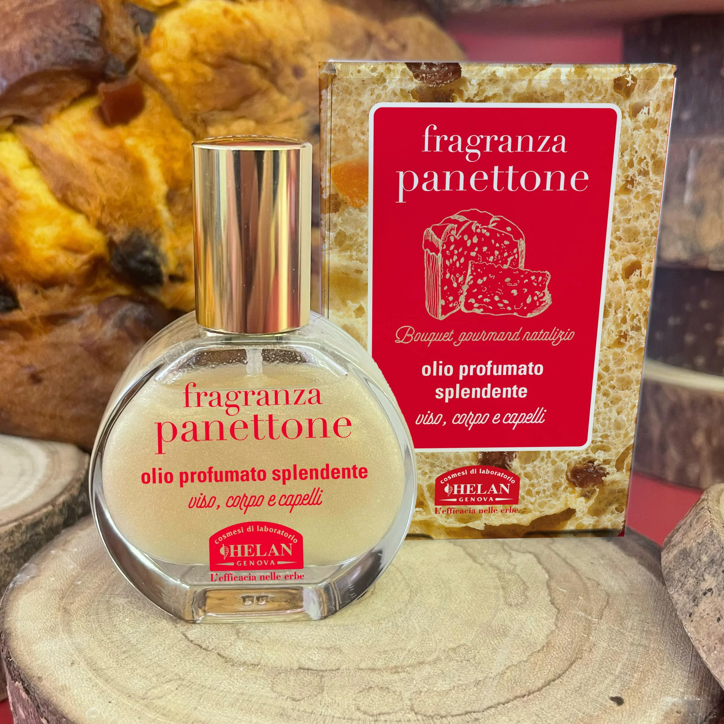 Helan Fragranza Panettone - Olio Capelli e Corpo Profumato Multiuso, Olio Secco Spray Luminoso anche Viso e Barba 100% Vegetale con Vitamina E, Mandorle Dolci, Oliva e Rosmarino, 30 ml, Made in Italy