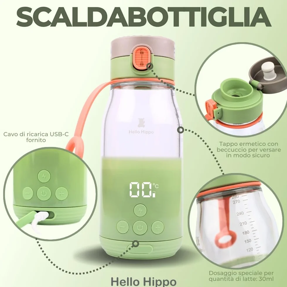 Scaldabiberon Nomade 300 ml – Senza fili, batteria ricaricabile USB, auto – temperatura regolabile 37 – 50 °C con mantenimento al caldo – Graduazione 30 ml – ideale per latte e acqua in viaggio
