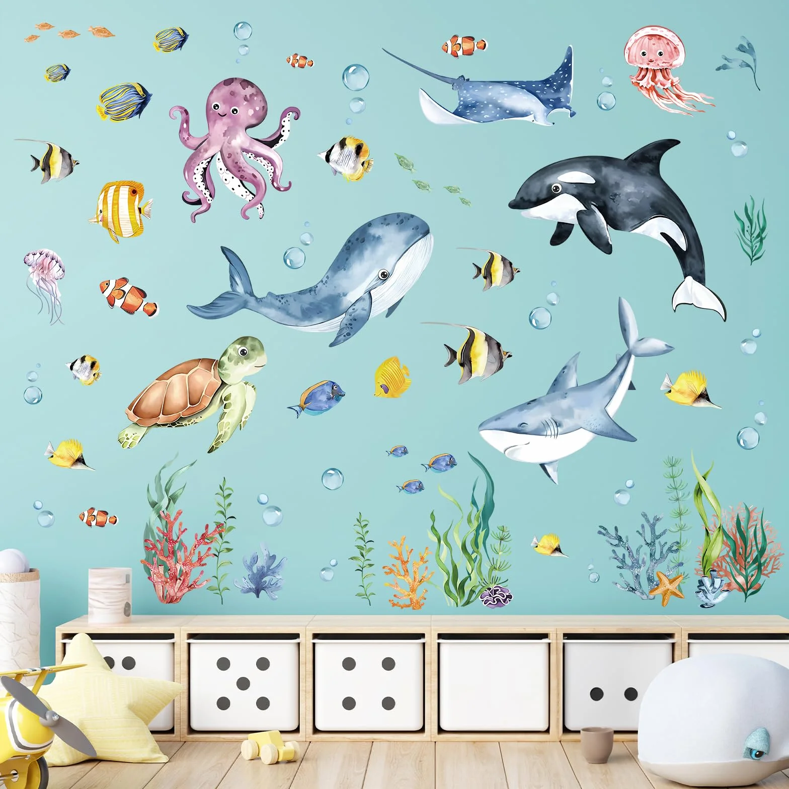 decalmile Adesivi Murali Sotto il Mare Pesci Adesivi da Parete Pesci del Mare Dolphin Balena Tartaruga Marina Alghe Decorazione Murale Bagno Camerette Bambini Camera da Letto