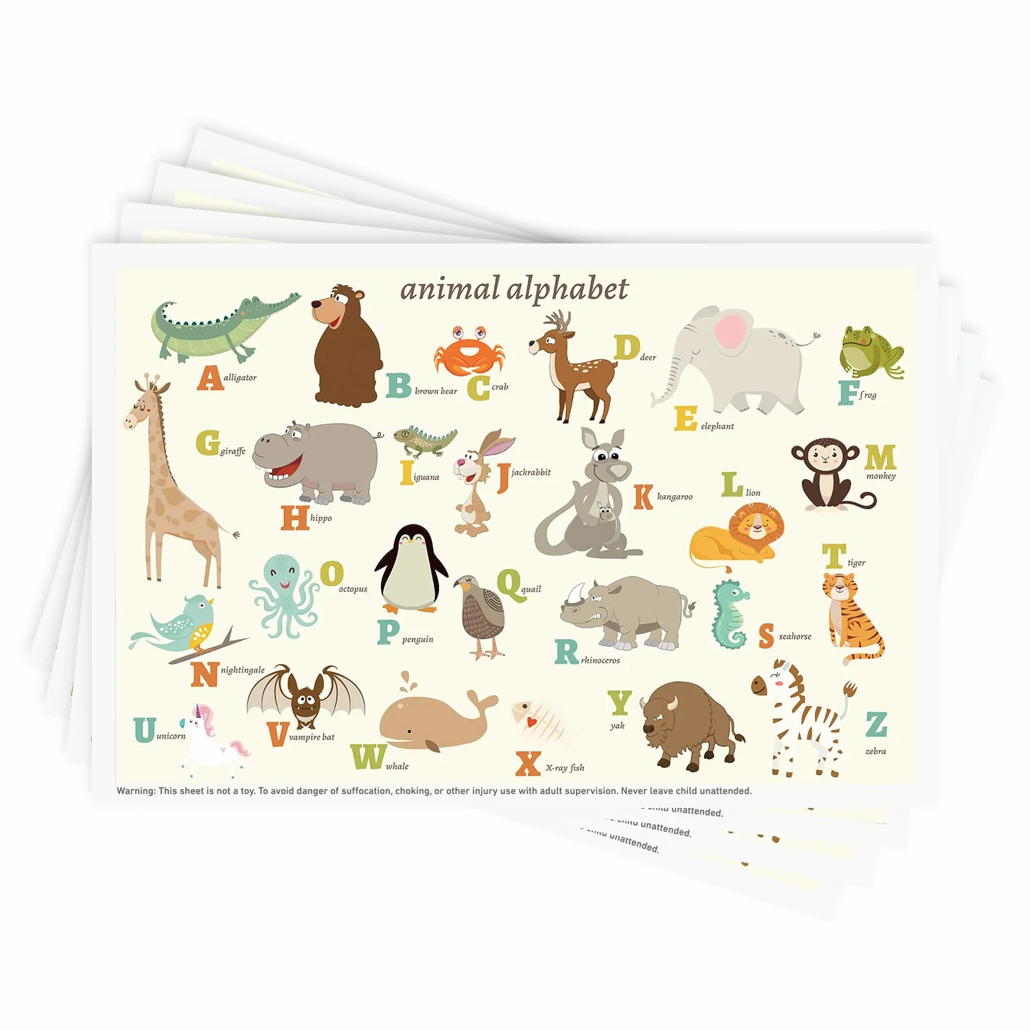 Tovagliette adesive usa e getta, confezione da 40 pezzi, per neonati e bambini, tovagliette da ristorante, 30,5 x 45,7 cm, tovaglietta per bambini, tema alfabeto animale