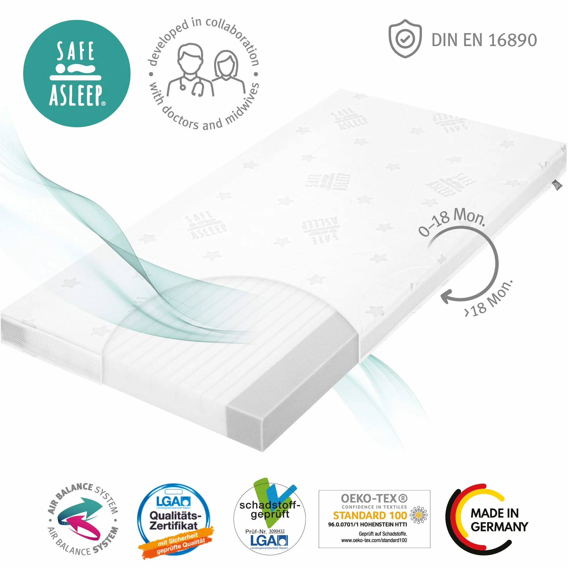 roba Materasso per Lettino safe asleep - Serie Air Balance Plus - 60 x 120 x 9 cm - con Zip - Sfoderabile e Lavabile - Trapuntato e Traspirante - Bianco