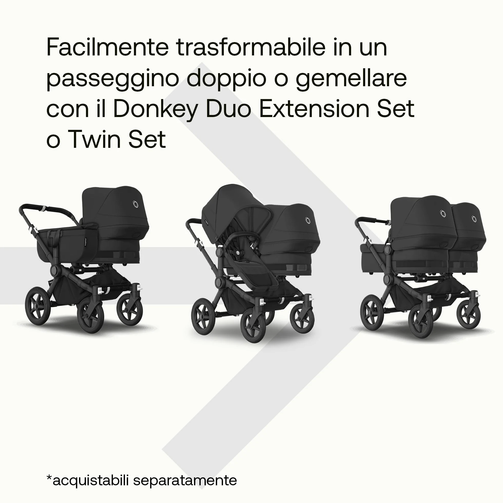 Bugaboo Donkey 5 Twin, Set di Conversione Passeggino Completo, Affiancato, Design Migliorato, Seduta Reversibile, Guida a una Mano e Archiviazione Espandibile, Midnight Black