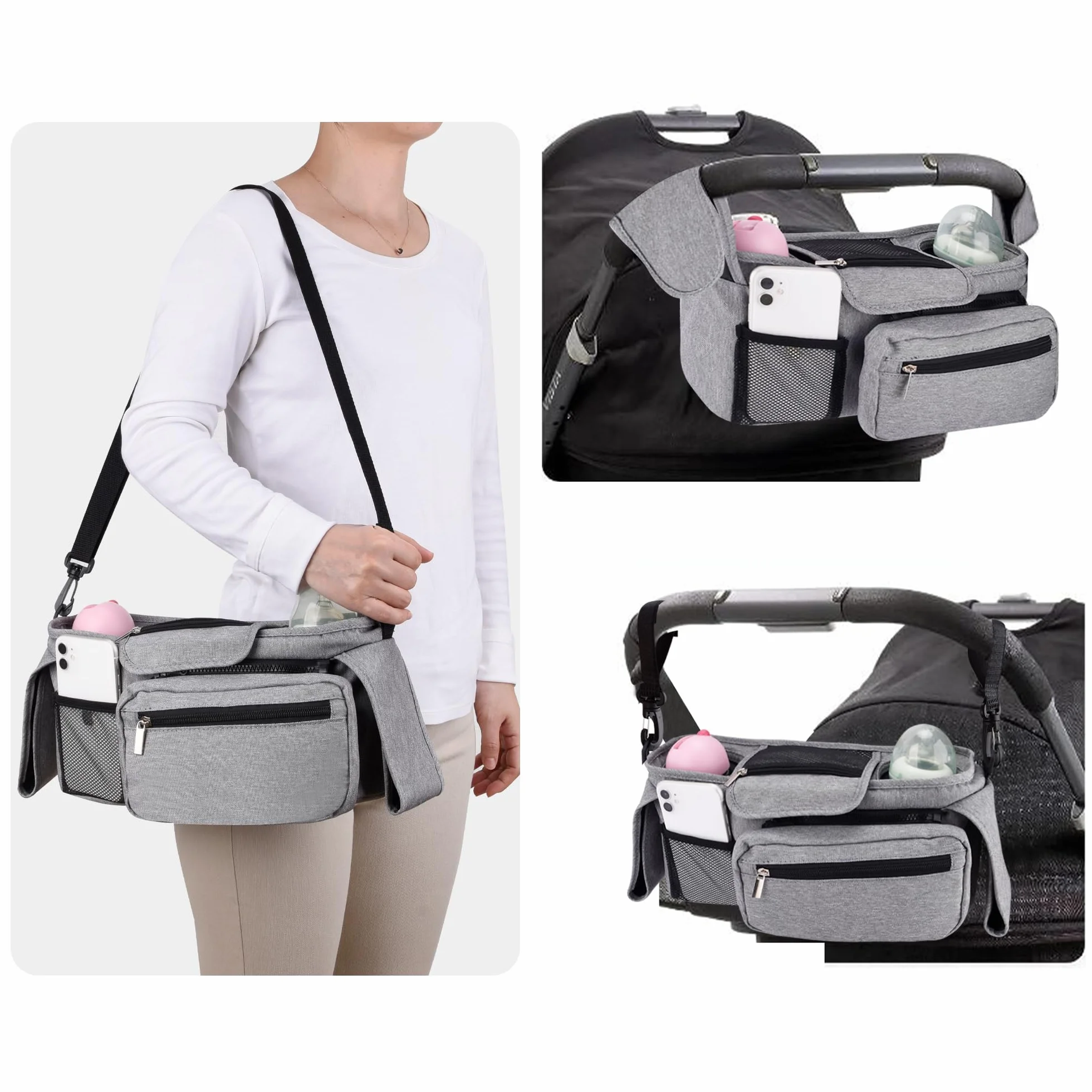Bebamour Organizzatore per passeggino e ganci per passeggino 2PCS Borsa per carrozzina Organizzatore per passeggino Borsa di stoccaggio con tasca staccabile Tasca per cellulare Organizzatore,Grey