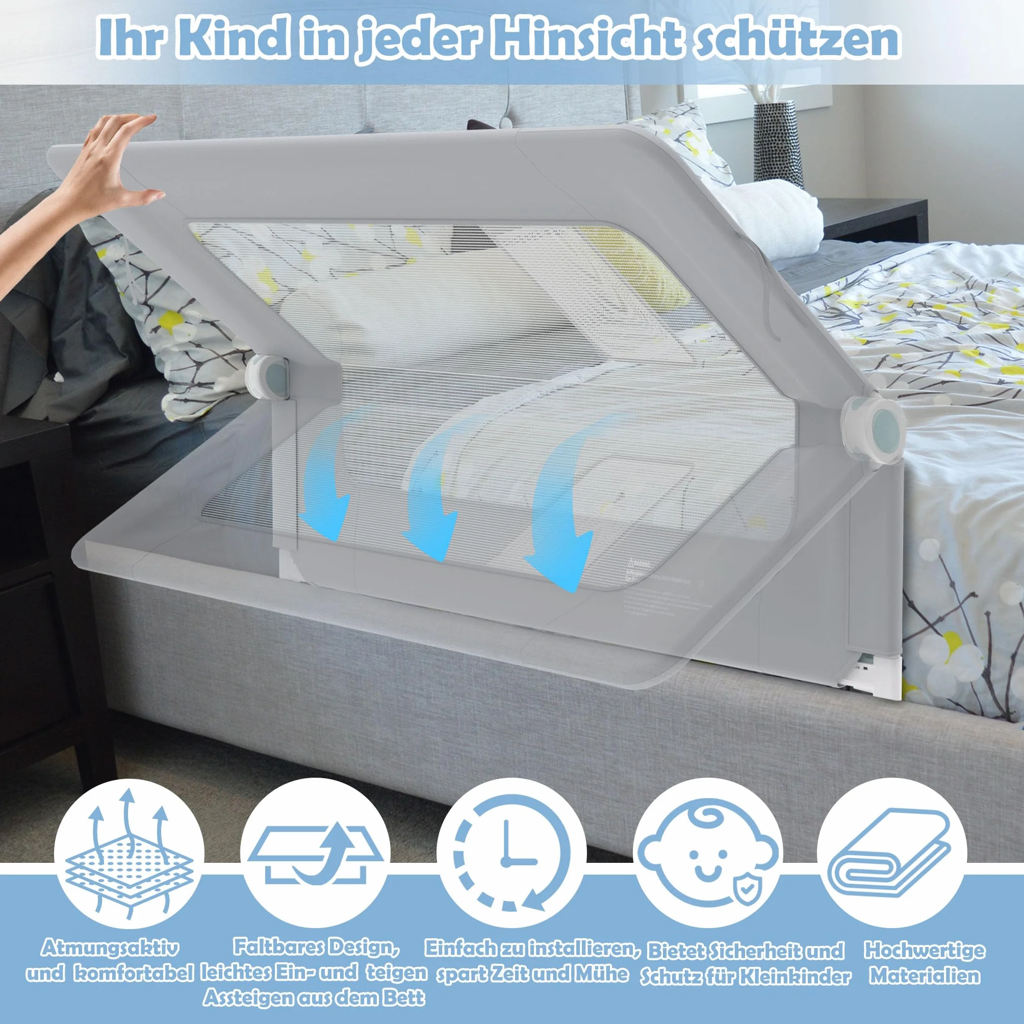 LZQ Zanzariera per letto per bambini, pieghevole, protezione contro le cadute, protezione dal letto, per bambini, protezione contro le cadute (grigio chiaro, 180 cm)