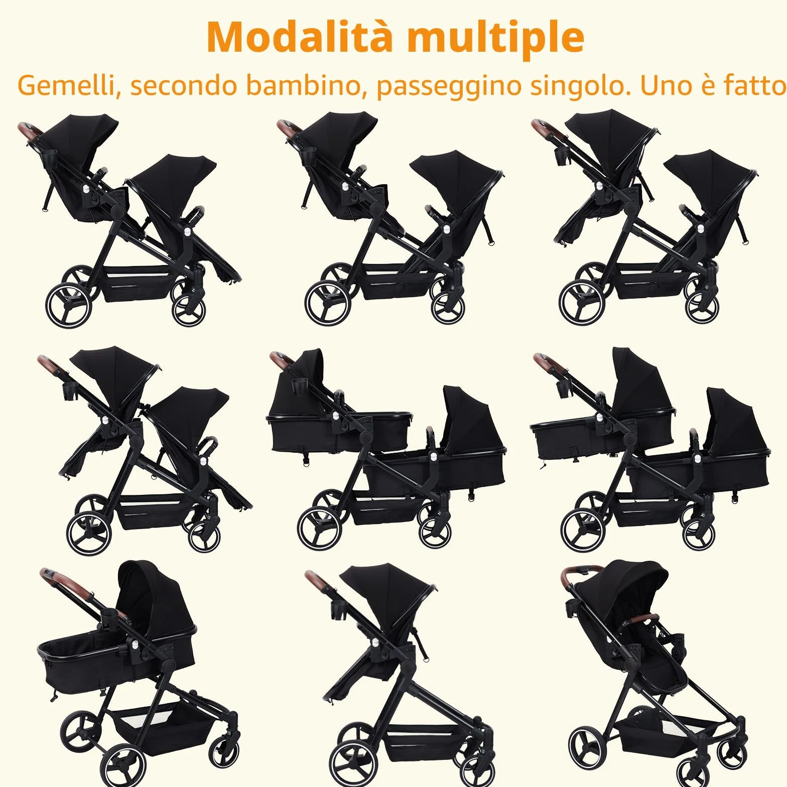 Passeggino Gemellare Doppio Leggero Carrozzina Pieghevole da Viaggio, Passeggino Tandem Compatto Con Sedili Reversibili, Navicella Bambino Carico Max 30 kg Dalla Nascita a 36 Mesi