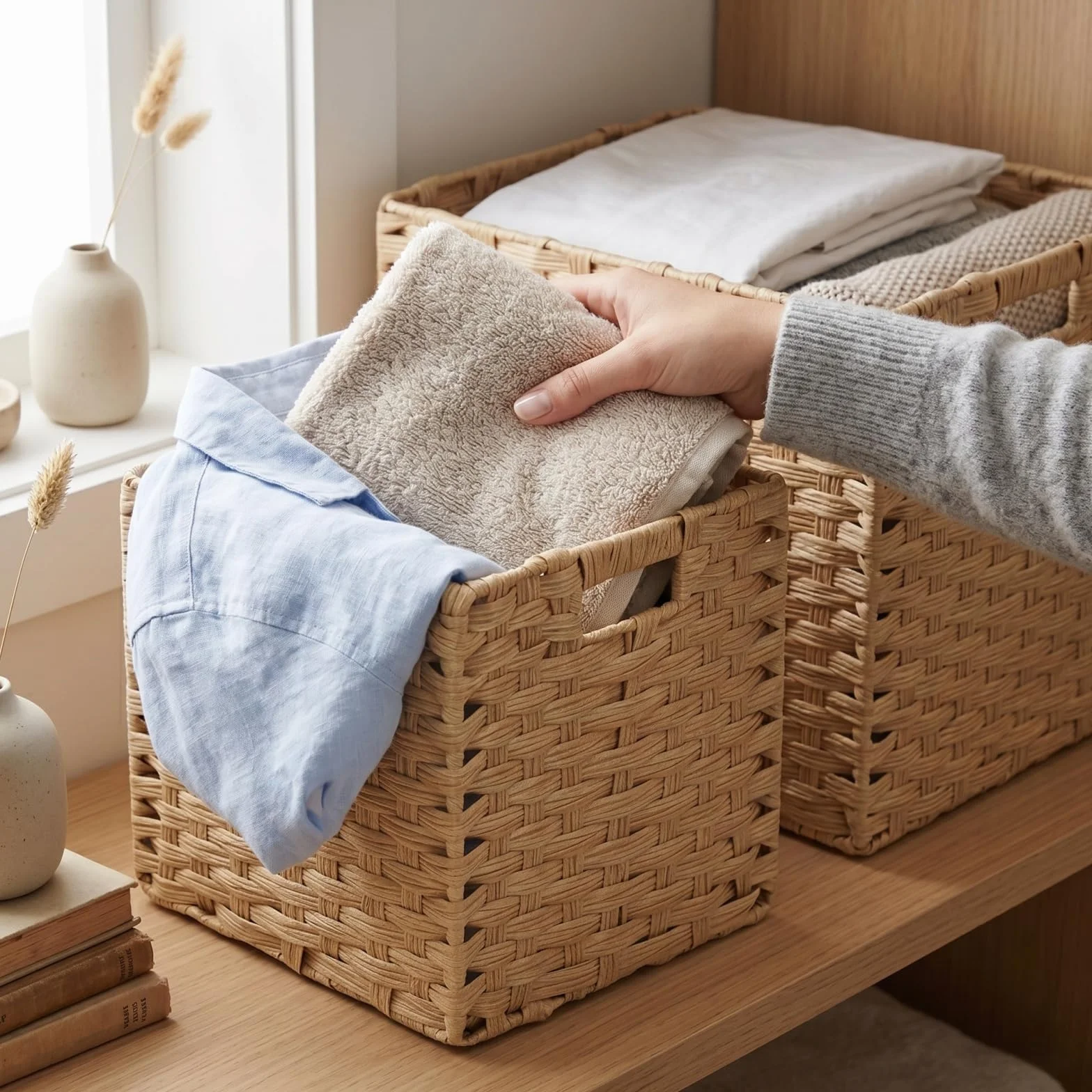 Scatola portaoggetti, 31 x 31 x 31 cm, in finta rattan Kallax, per giocattoli, vestiti, cameretta dei bambini, impermeabile, non ammuffito (4 pezzi, beige chiaro)