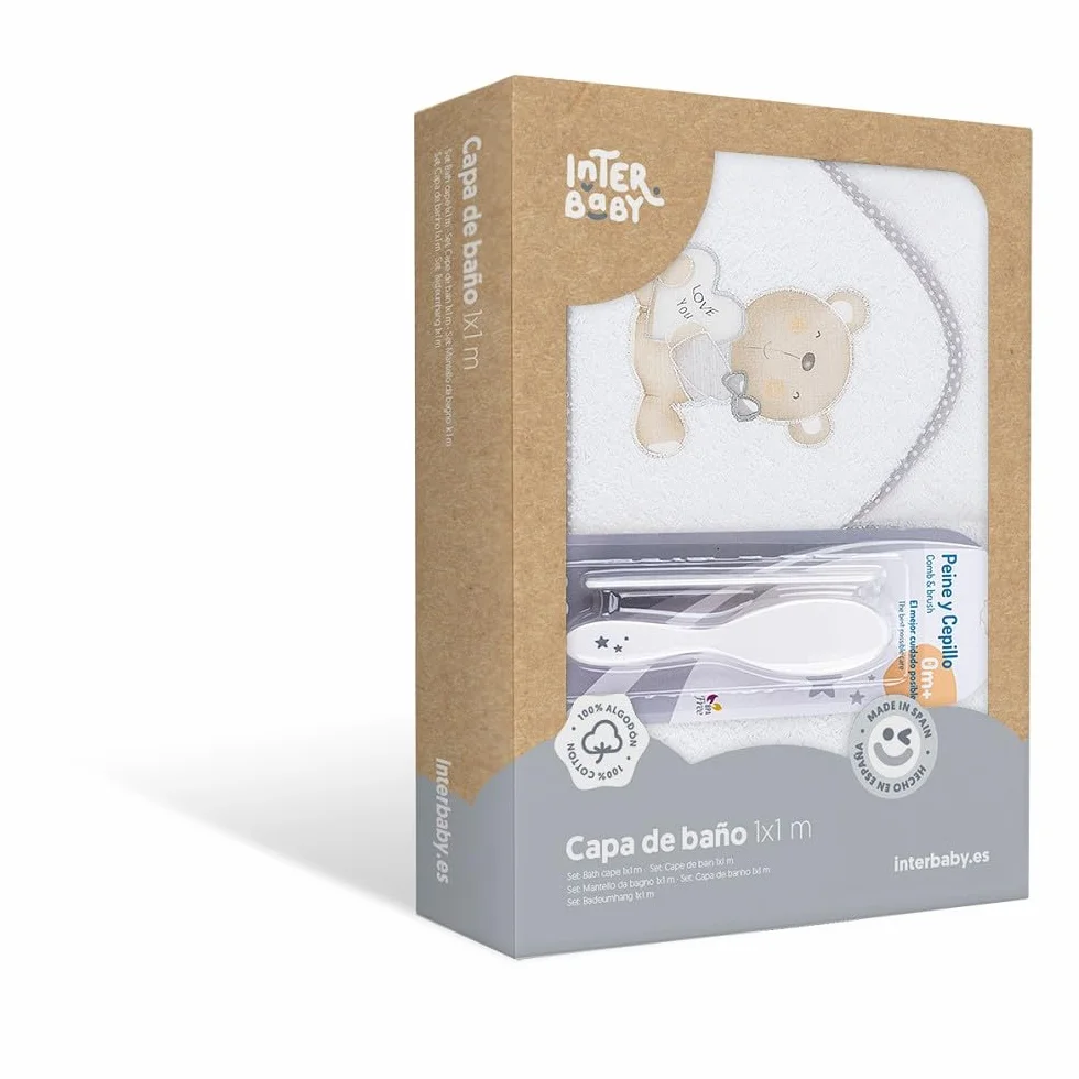 Interbaby P1177-18 Asciugamano con cappuccio per neonato LOVE YOU in bianco e grigio con Set de Spazzola e Pettine - 900 g
