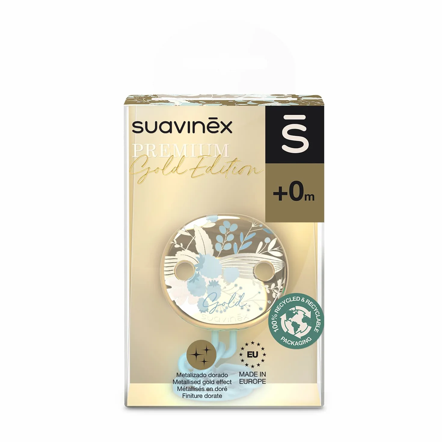 Suavinex Catenella Porta Succhietto, Edizione Gold, Per Neonati +0 Mesi, Clip Gioiello Effetto Metallizzato Oro, Azzurro
