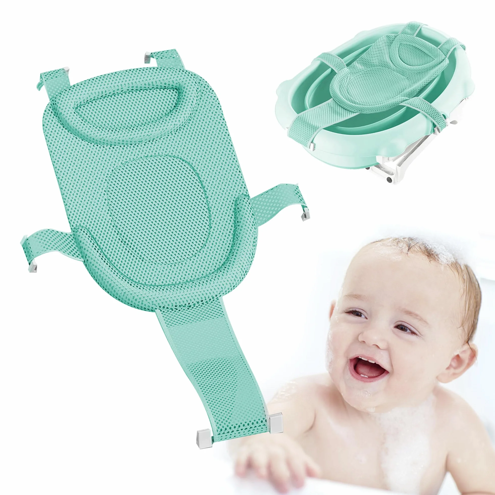 Rete Bagnetto Sedile Inserto Supporto Doccia Neonato Bambini Comodi Antiscivolo Tasca Piatto Bagno Confortevole Seggiolino Tessuto Doppia Verde Chiaro, 1 Pezzo