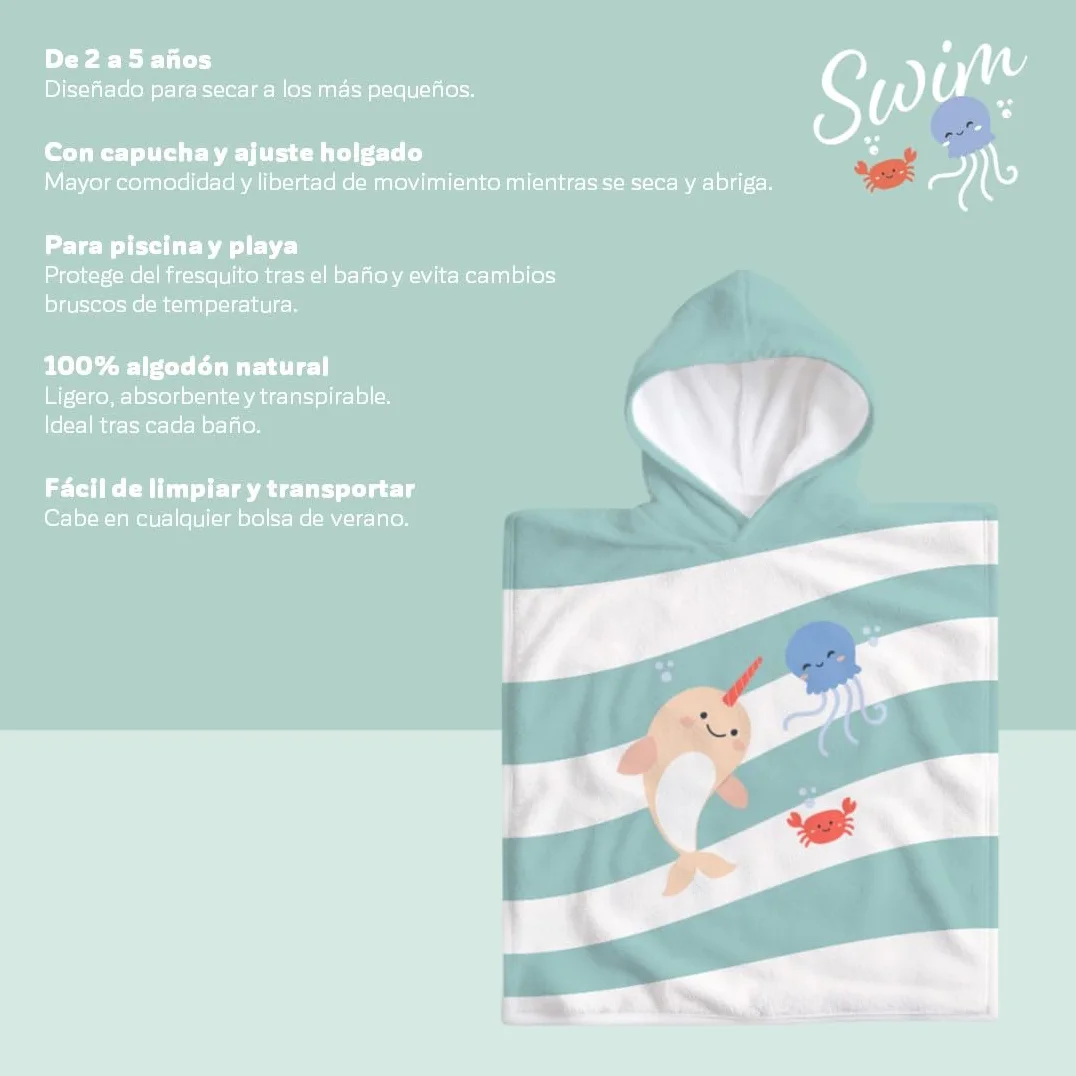 Miniland - Poncho Asciugamano in Cotone con Cappuccio per Bambini, Morbido, Assorbente e Traspirante