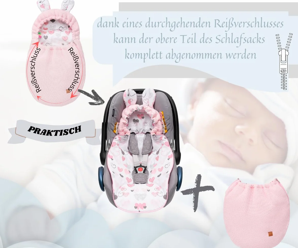 Mikos Coperta per ovetto, autunno inverno, sacco nanna con cerniera, 100% cotone GOTS Zert. coperta a maglia con imbottitura, universale, per passeggini, primavera, Maxi Cosi a 3 punti (50) (rosa)